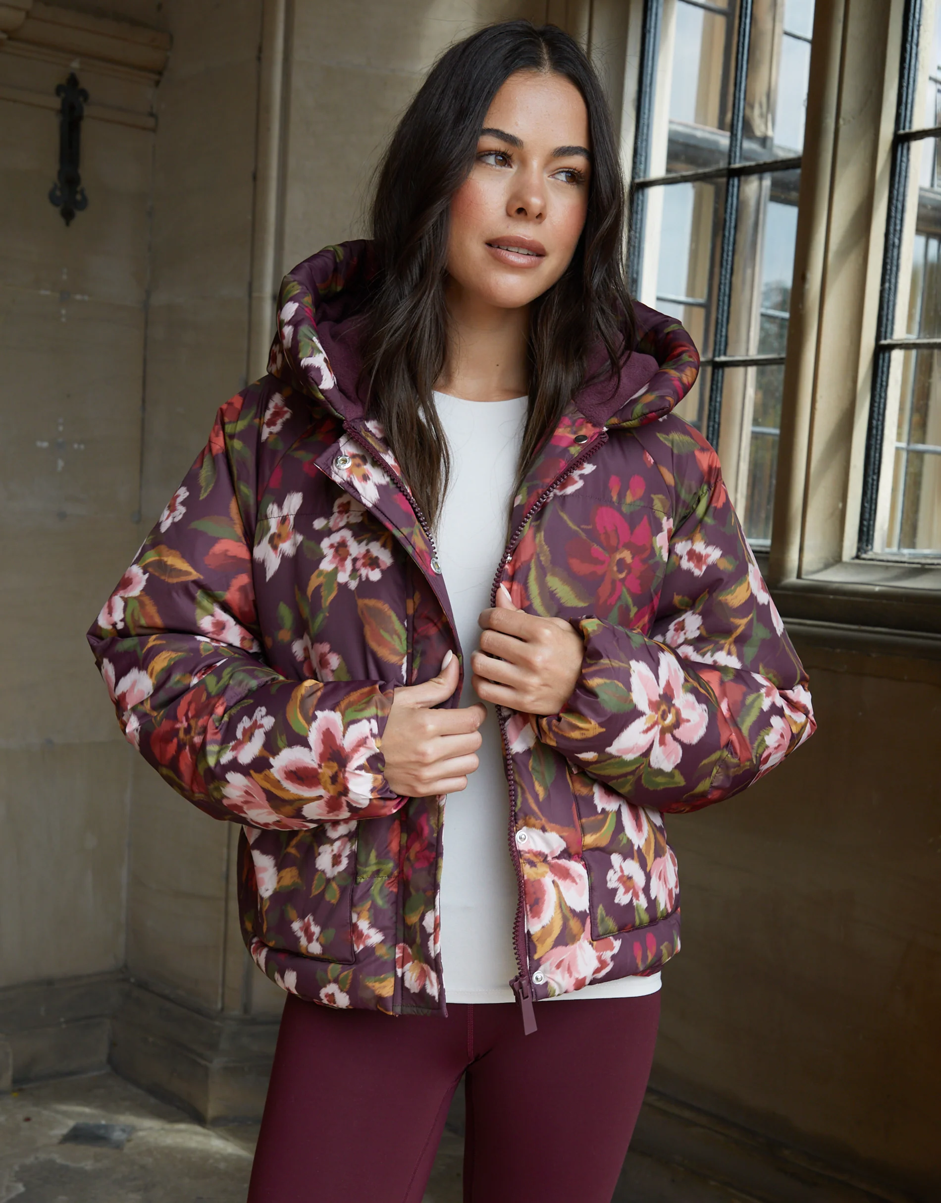 Floral Print Hooded Padded Jacket in Berry Red - Image 5