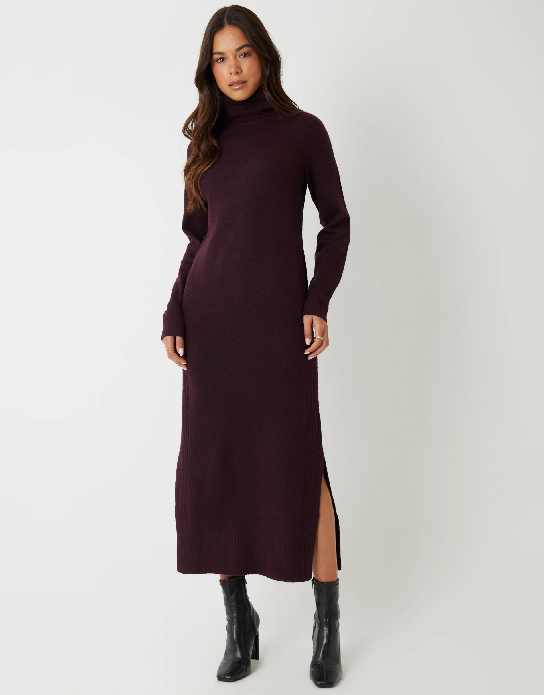 Knitted Roll Neck Maxi Dress in Berry Red - Image 2