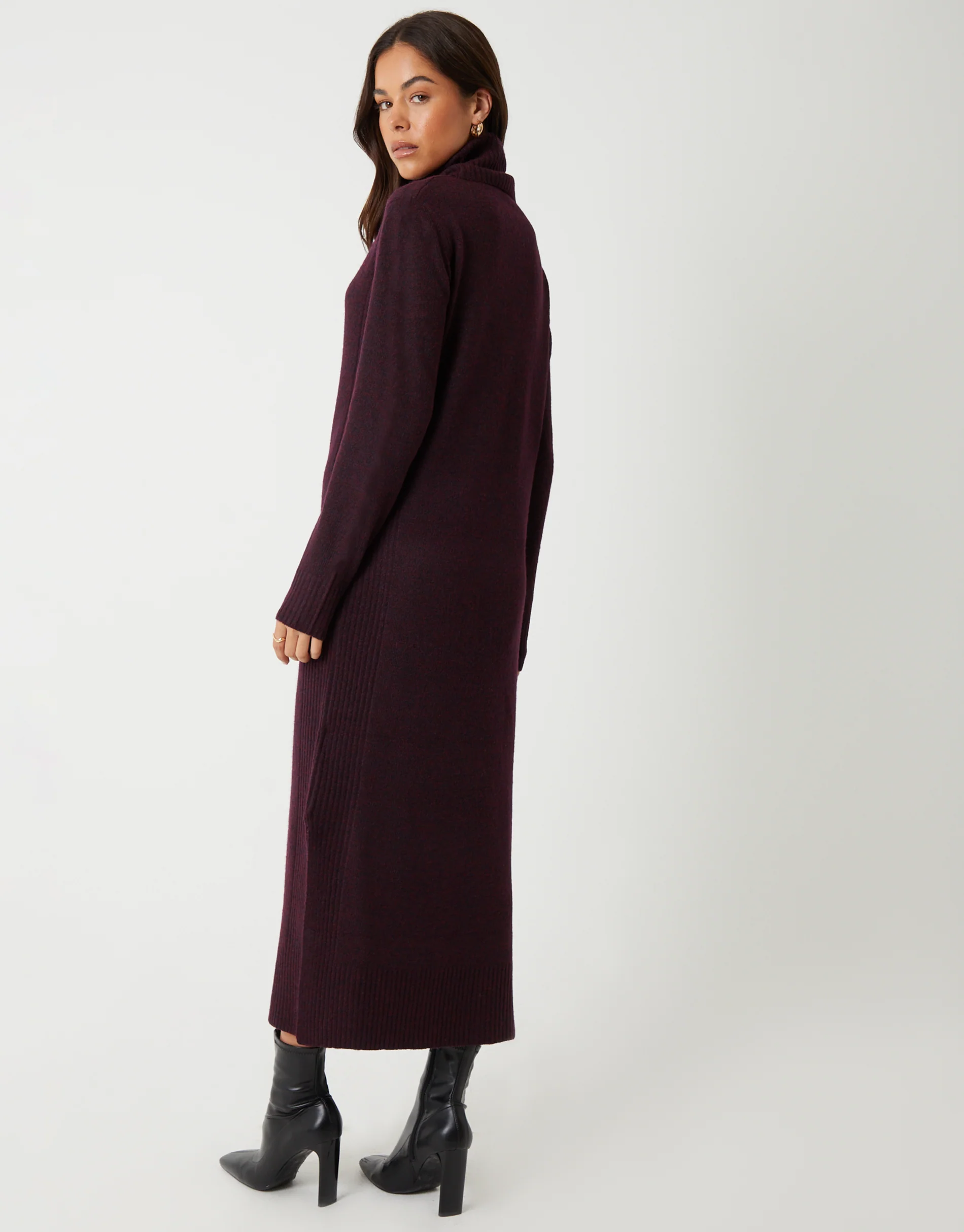Knitted Roll Neck Maxi Dress in Berry Red - Image 3