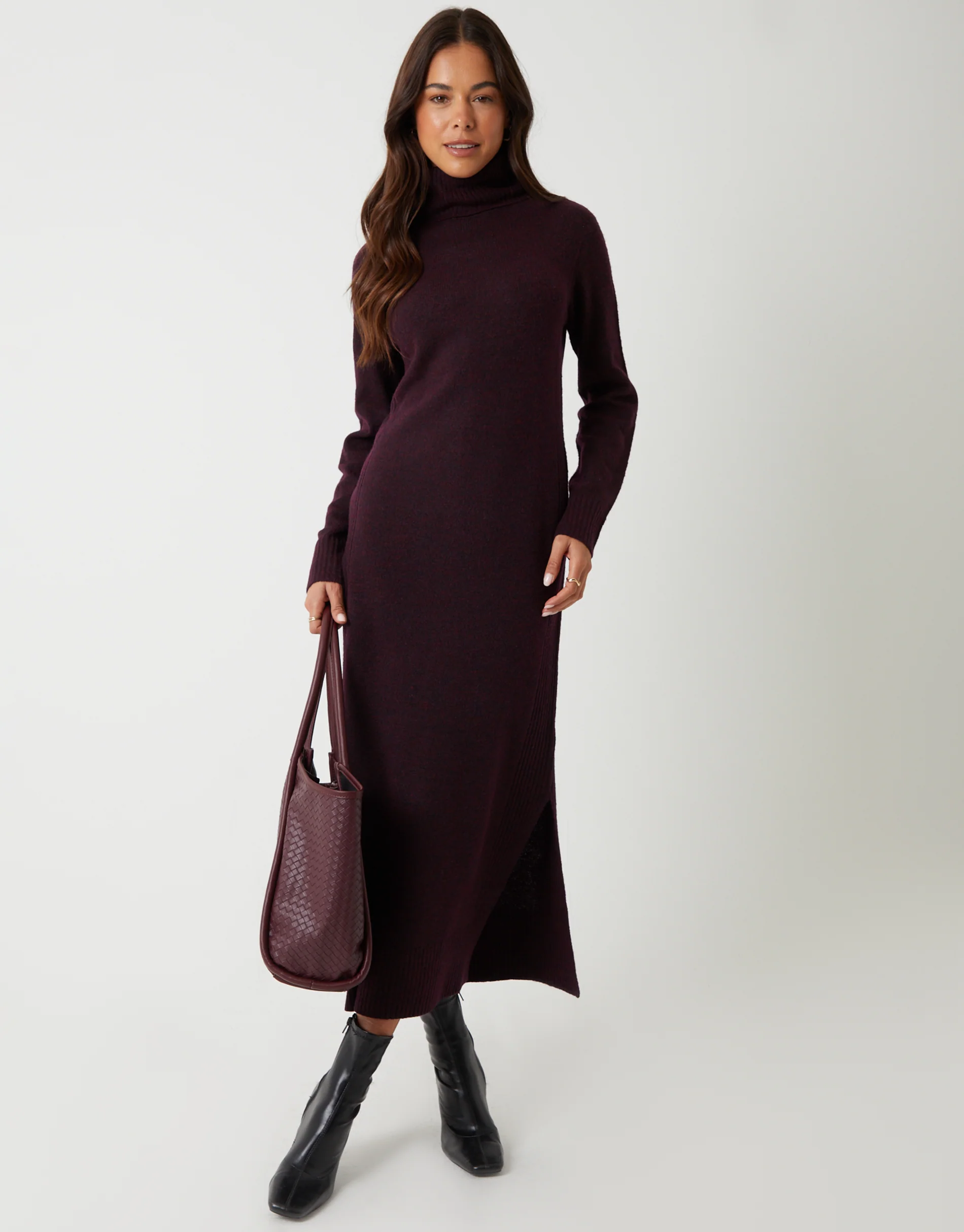 Knitted Roll Neck Maxi Dress in Berry Red - Image 4
