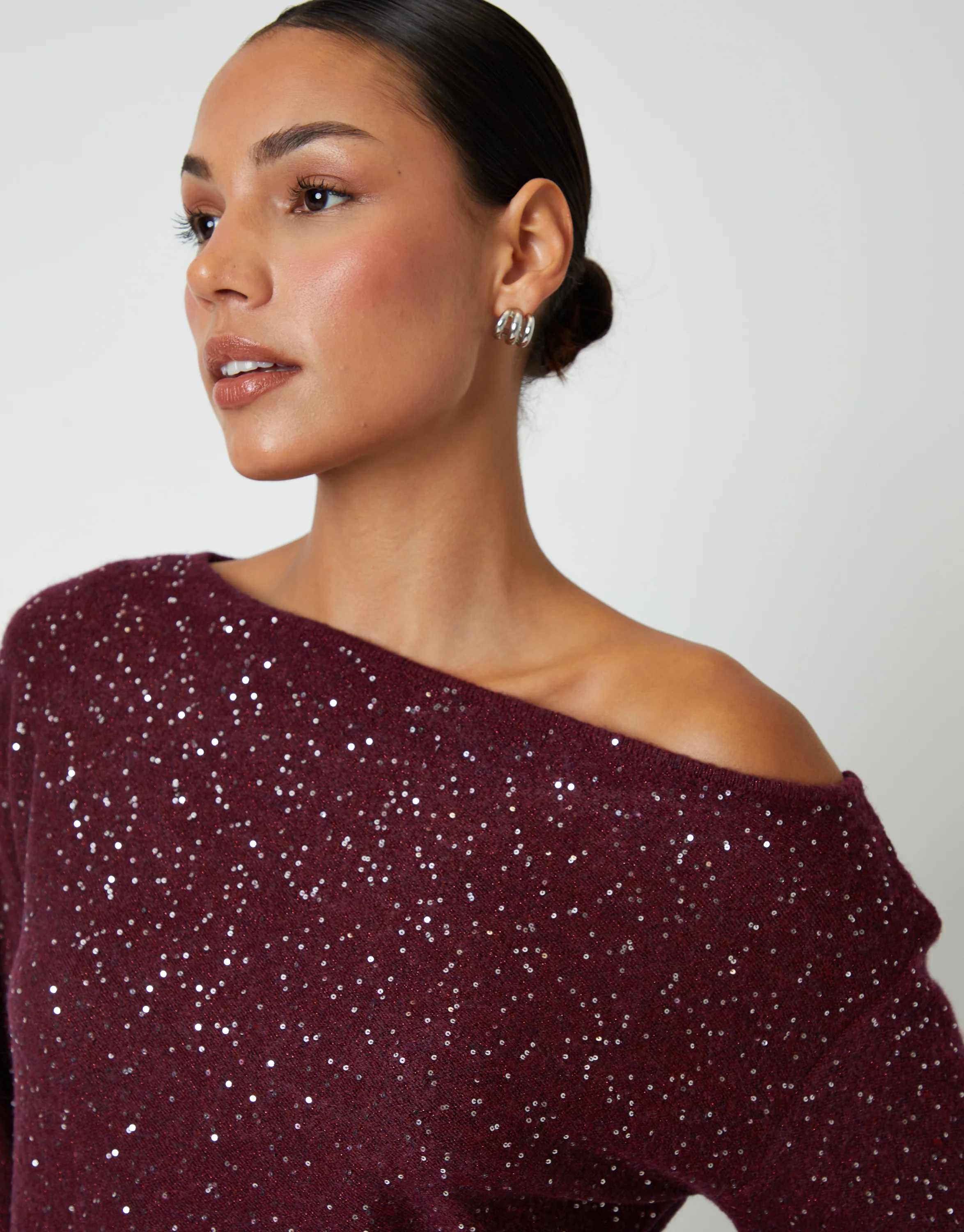Knitted Sequin Slash Neck Jumper in Berry Red - Image 5