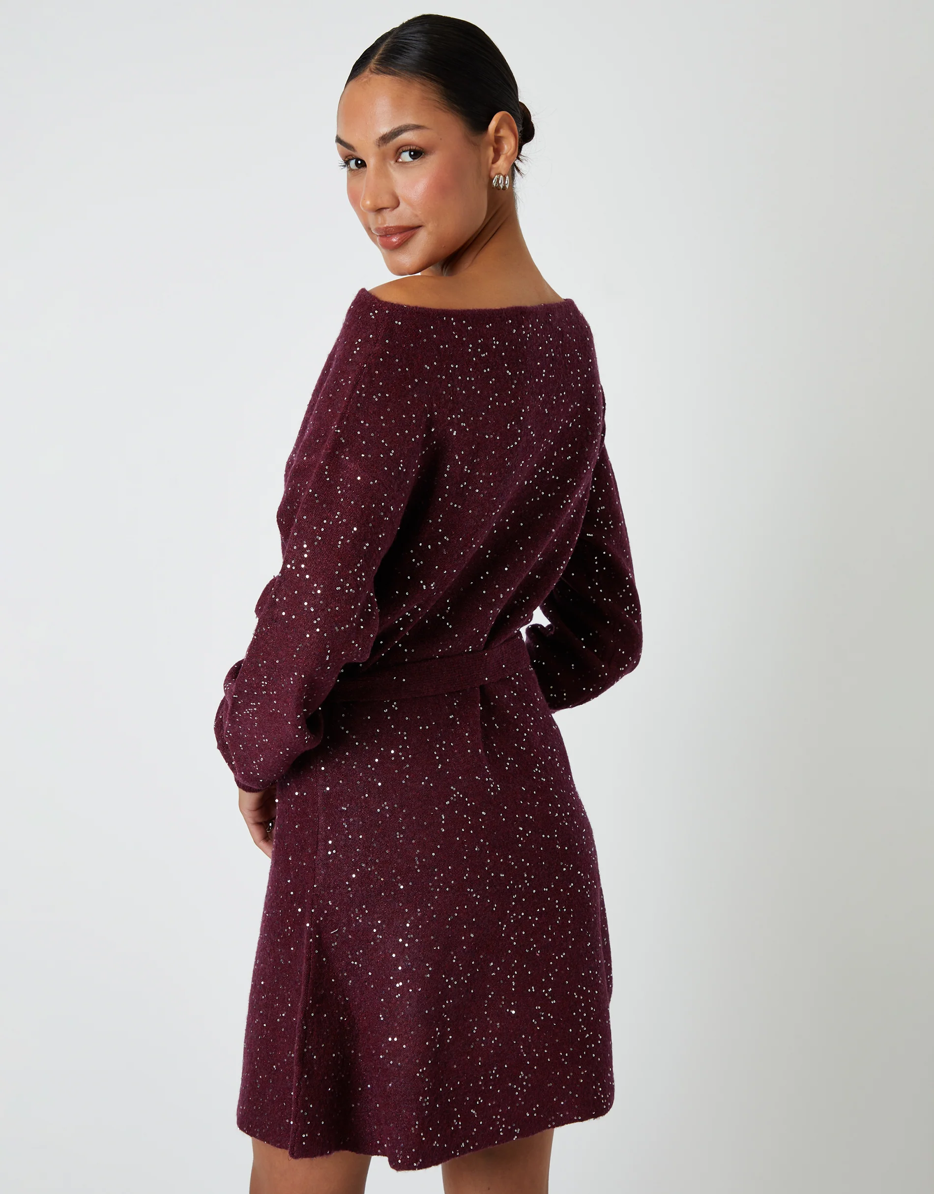 Knitted Sequin Slash Neck Mini Dress in Berry Red - Image 3