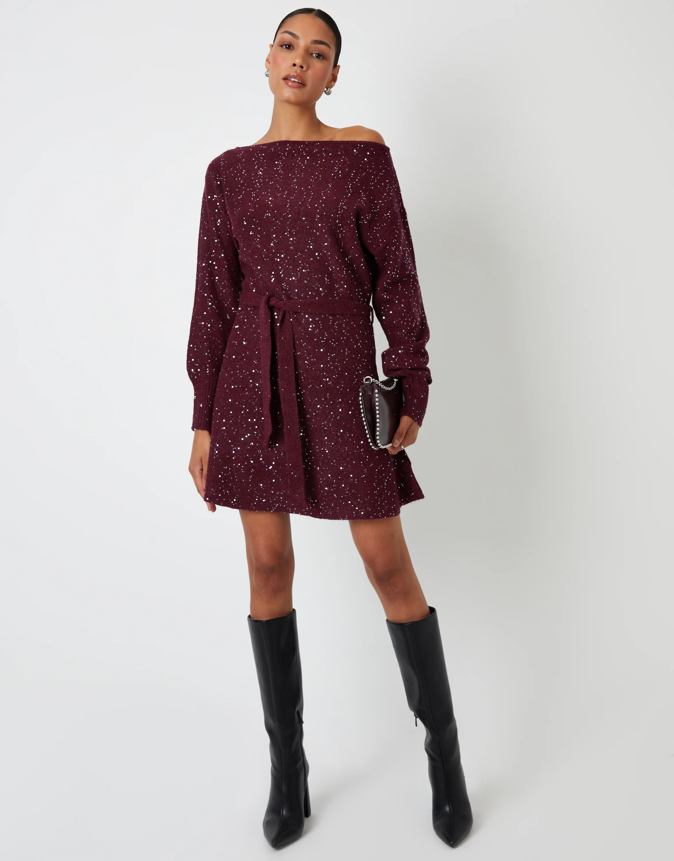Knitted Sequin Slash Neck Mini Dress in Berry Red - Image 4