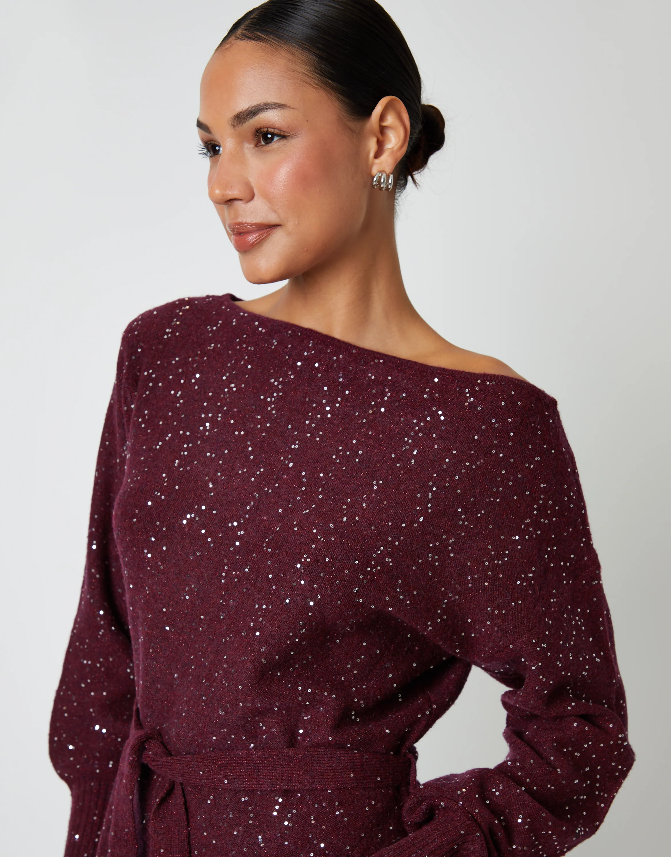 Knitted Sequin Slash Neck Mini Dress in Berry Red - Image 5