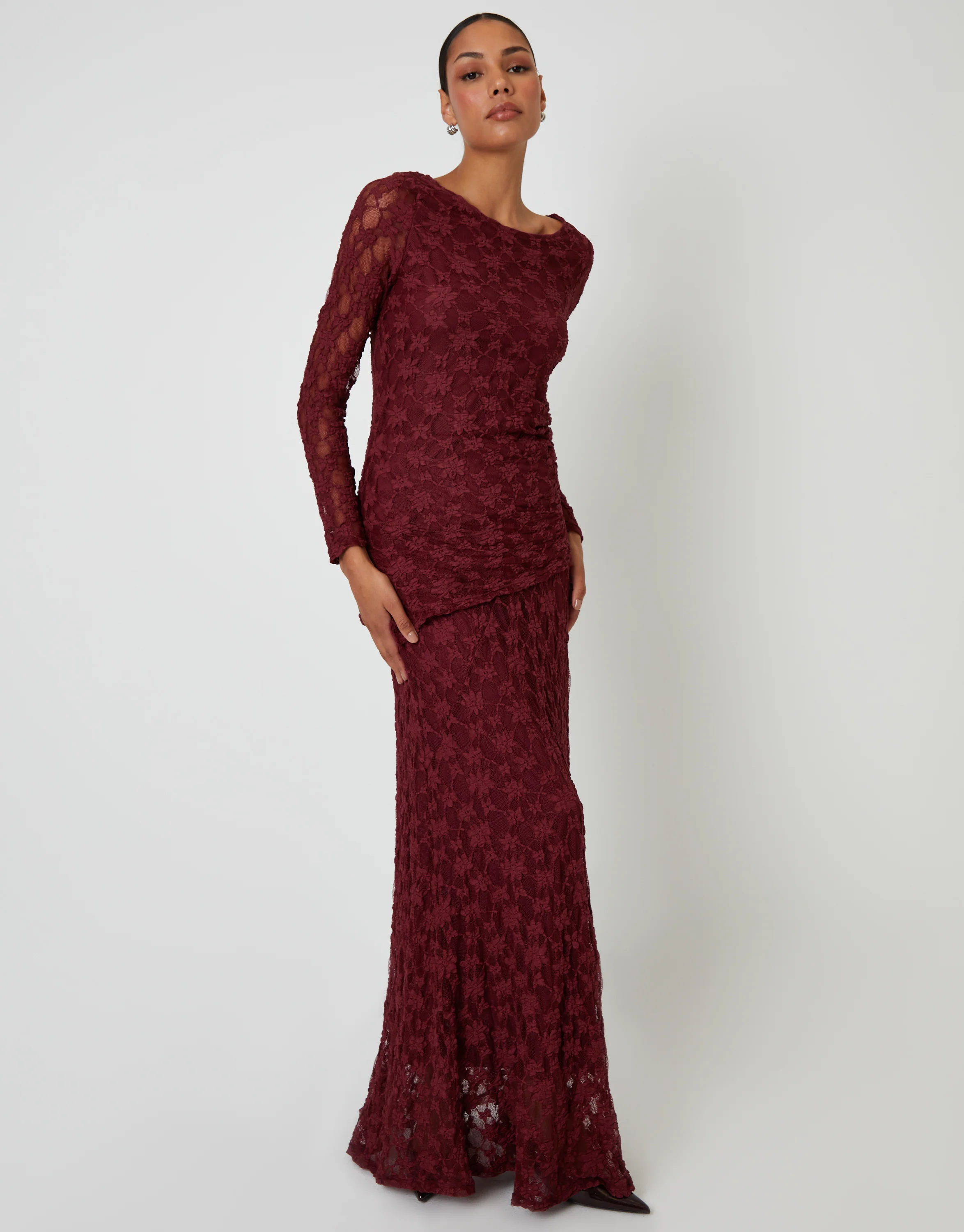 Long Sleeve Asymmetric Lace Slash Neck Top in Berry Red - Image 3