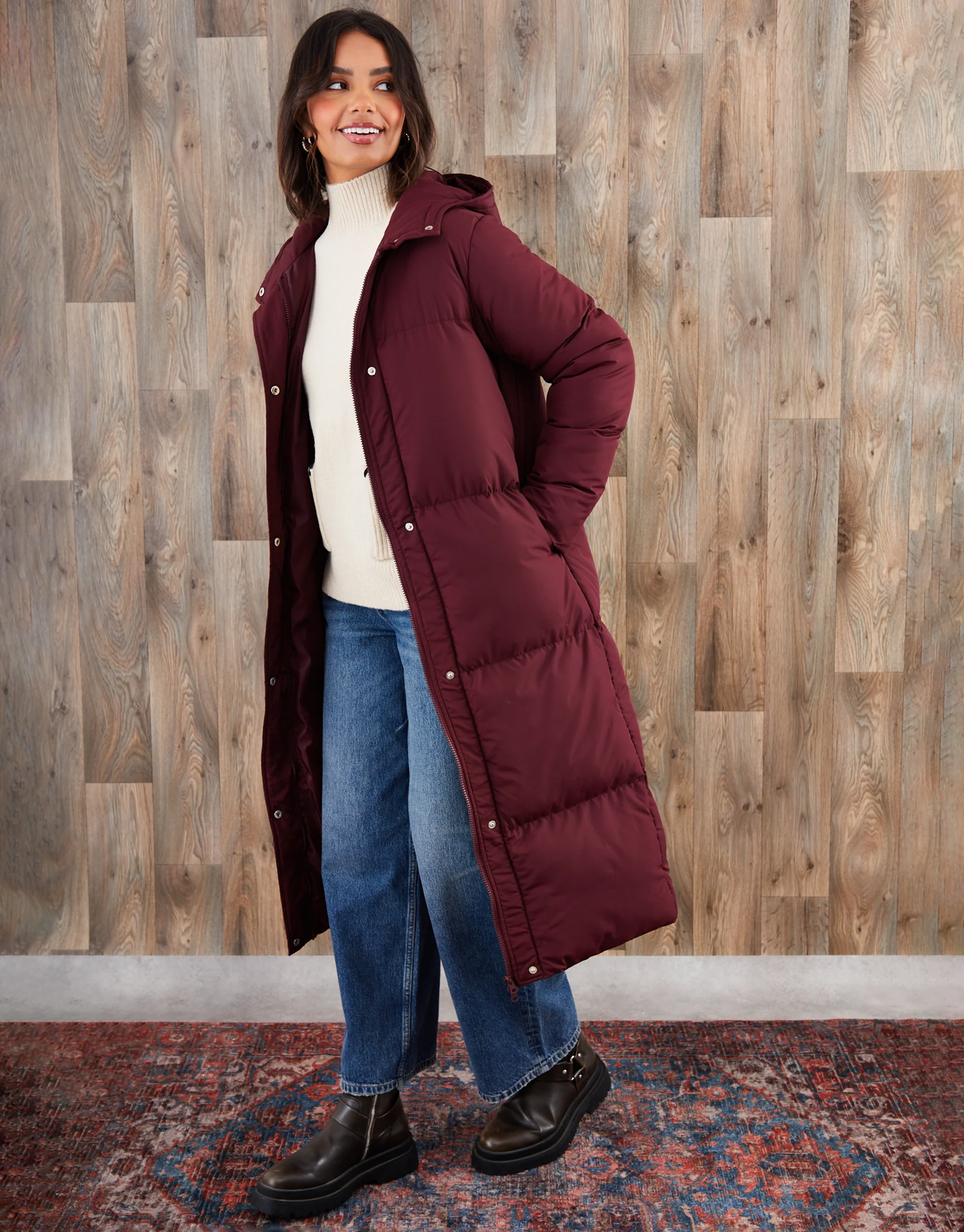 Petite Maxi Puffer Jacket in Berry Red - Image 3