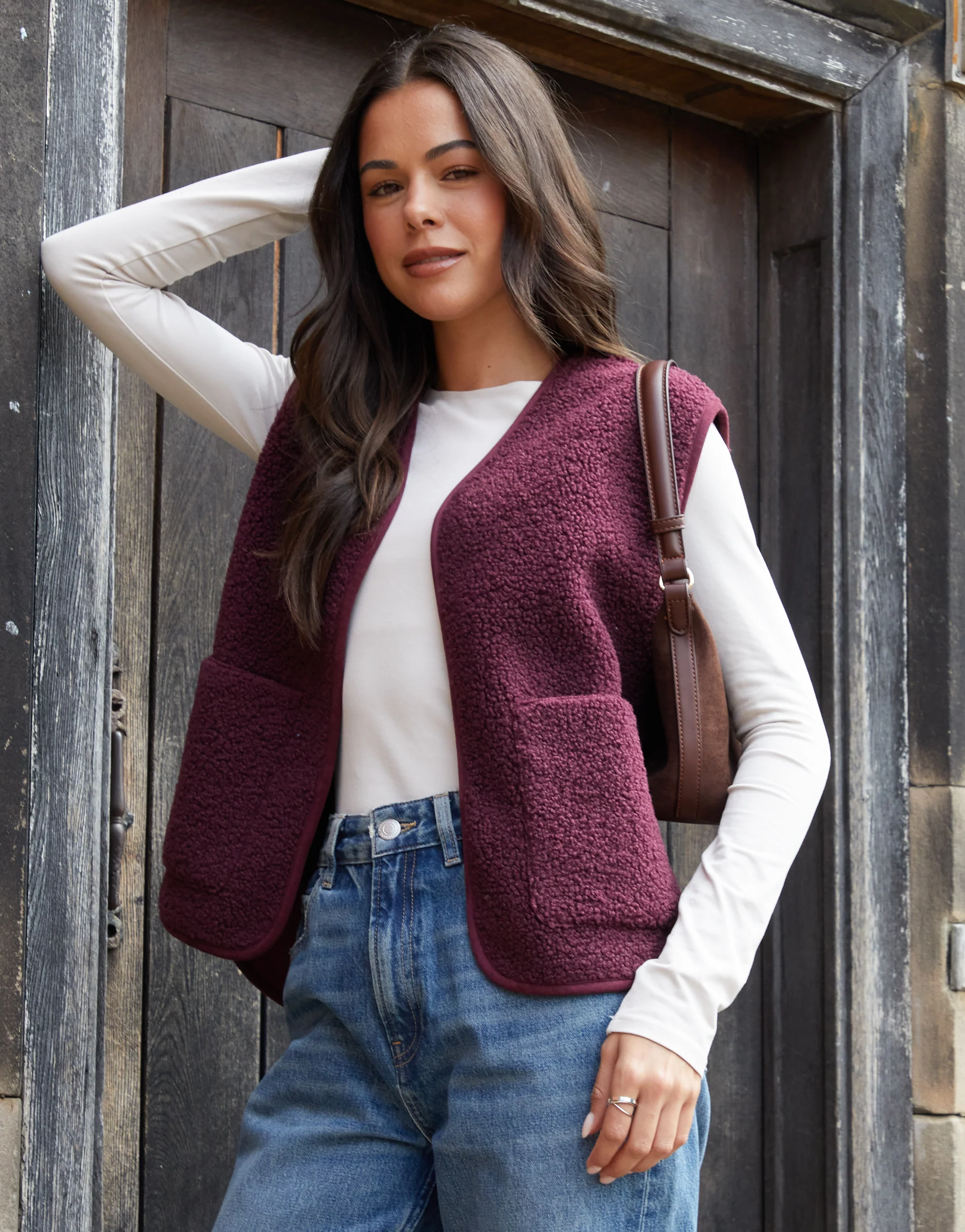 Reversible Fleece Borg Gilet in Berry Red