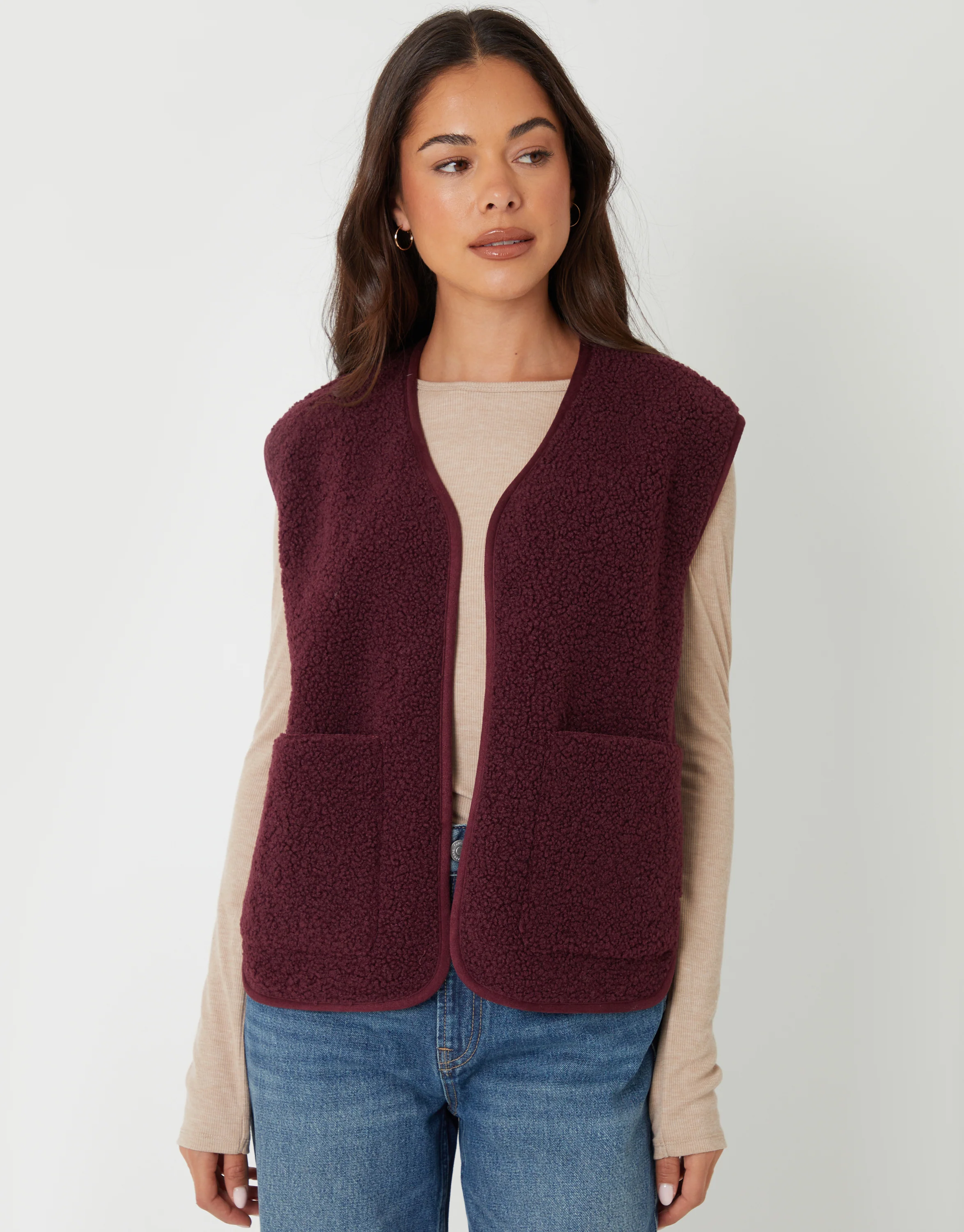 Reversible Fleece Borg Gilet in Berry Red - Image 2