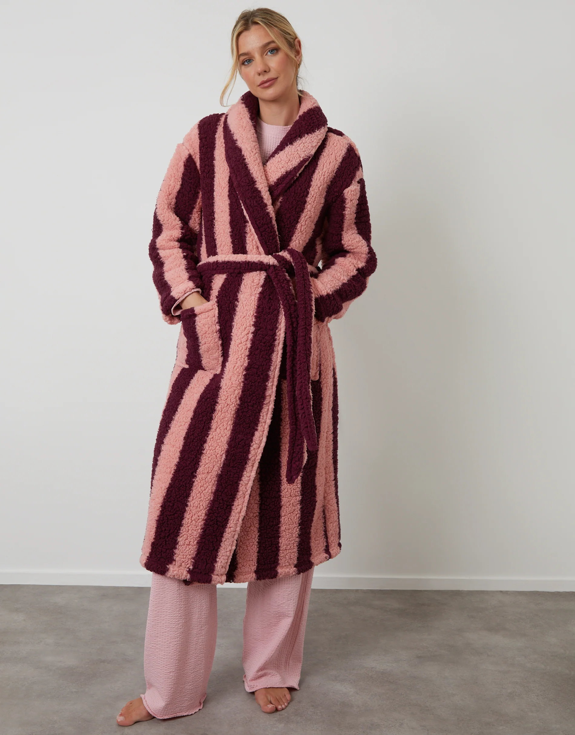 Stripe Borg Dressing Gown in Berry Red