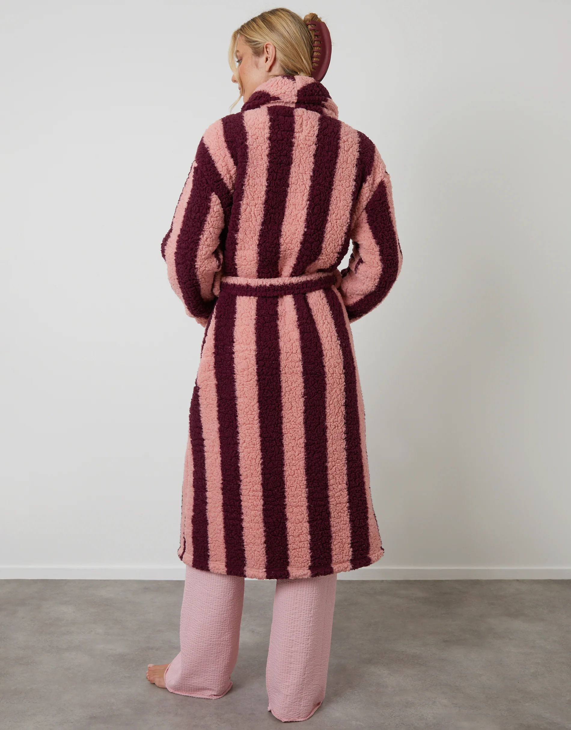 Stripe Borg Dressing Gown in Berry Red - Image 2