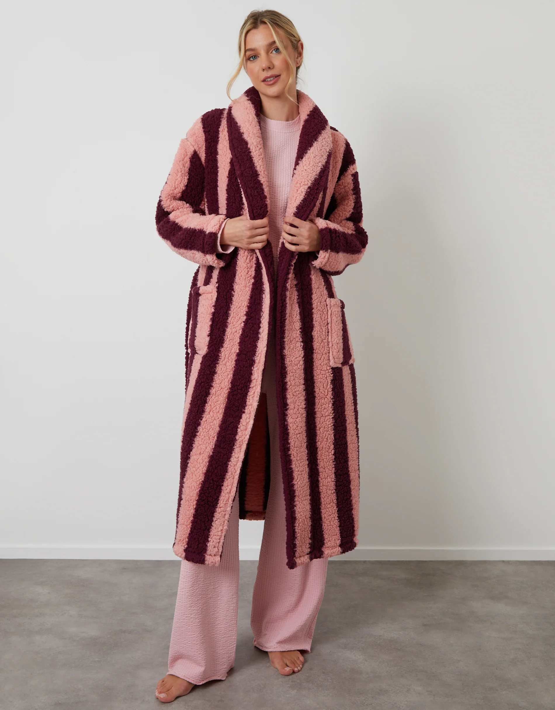 Stripe Borg Dressing Gown in Berry Red - Image 3
