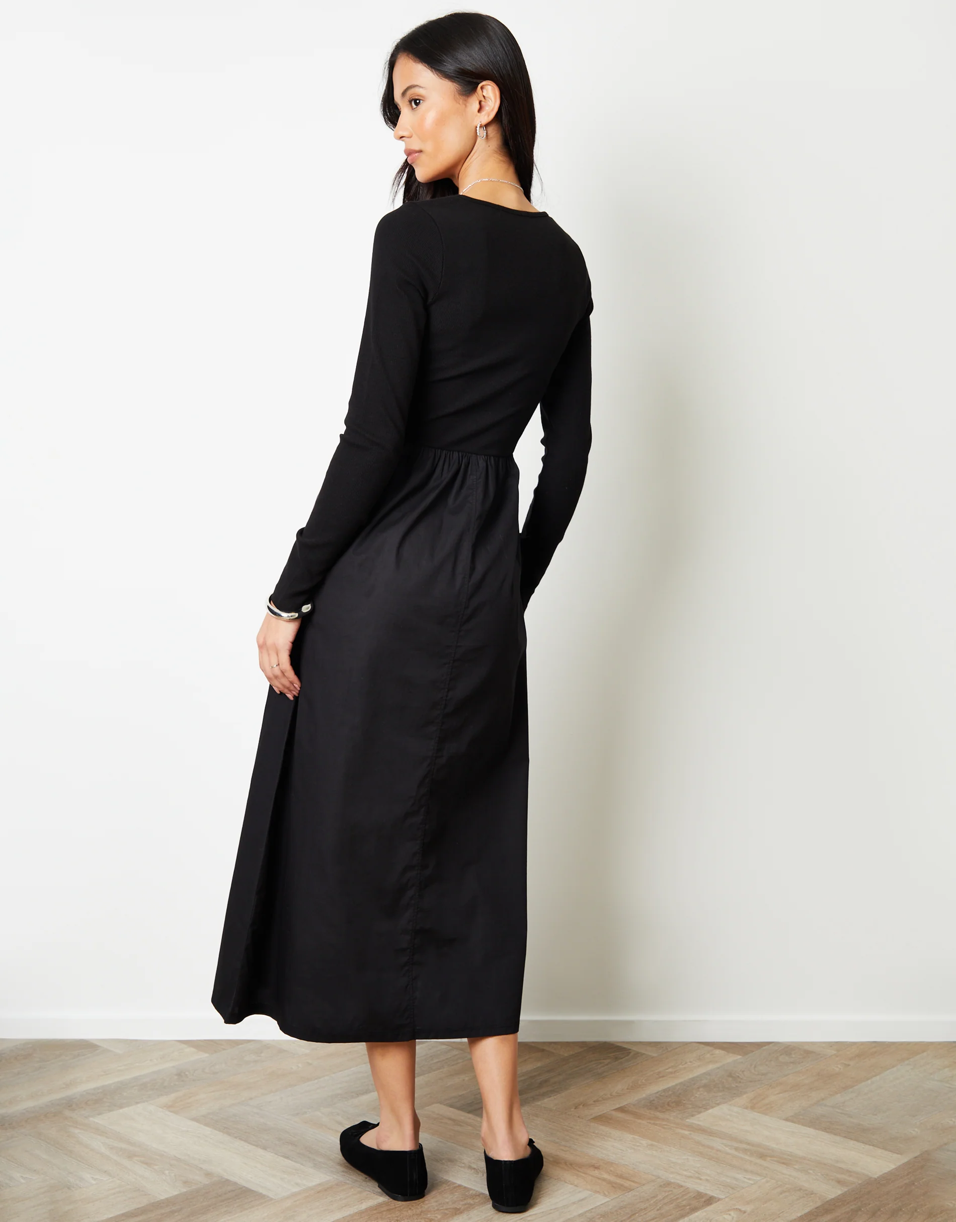 2-in-1 Jersey Poplin Mix Square Neck Long Sleeve Dress in Black - Image 2
