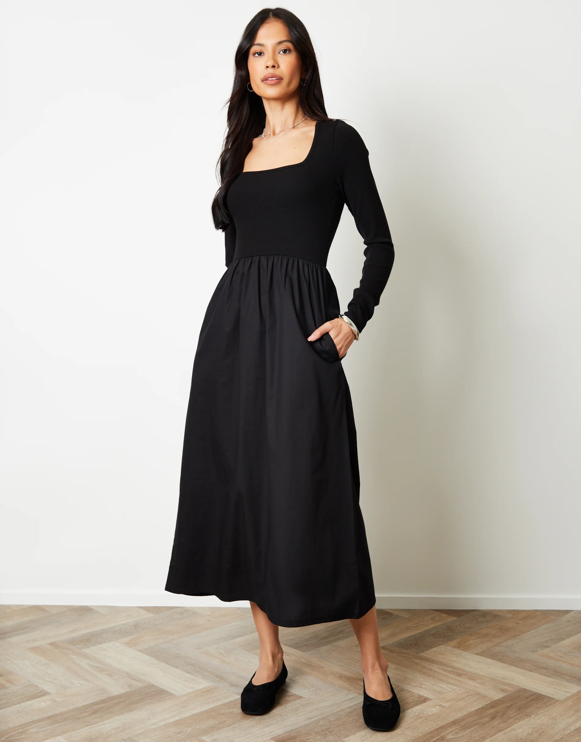 2-in-1 Jersey Poplin Mix Square Neck Long Sleeve Dress in Black - Image 3