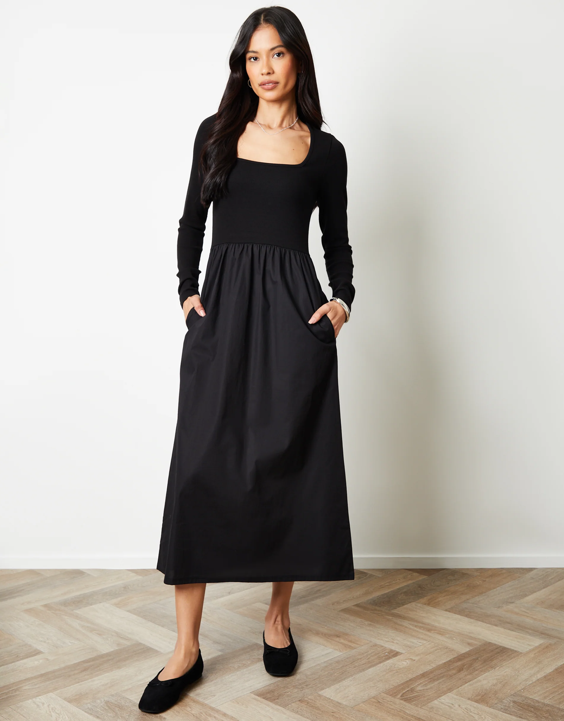 2-in-1 Jersey Poplin Mix Square Neck Long Sleeve Dress in Black - Image 5