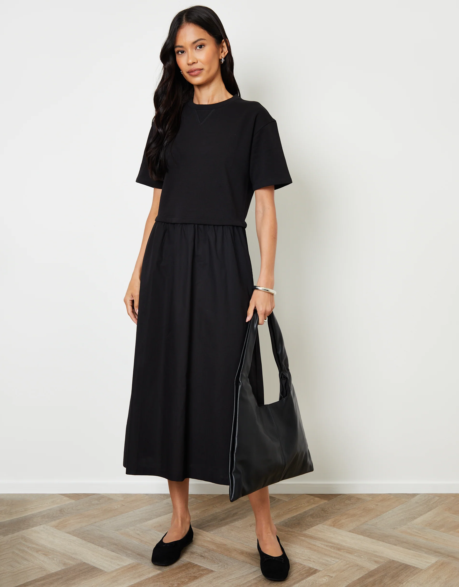 2-in-1 Sweat Dress with Poplin Skirt in Black