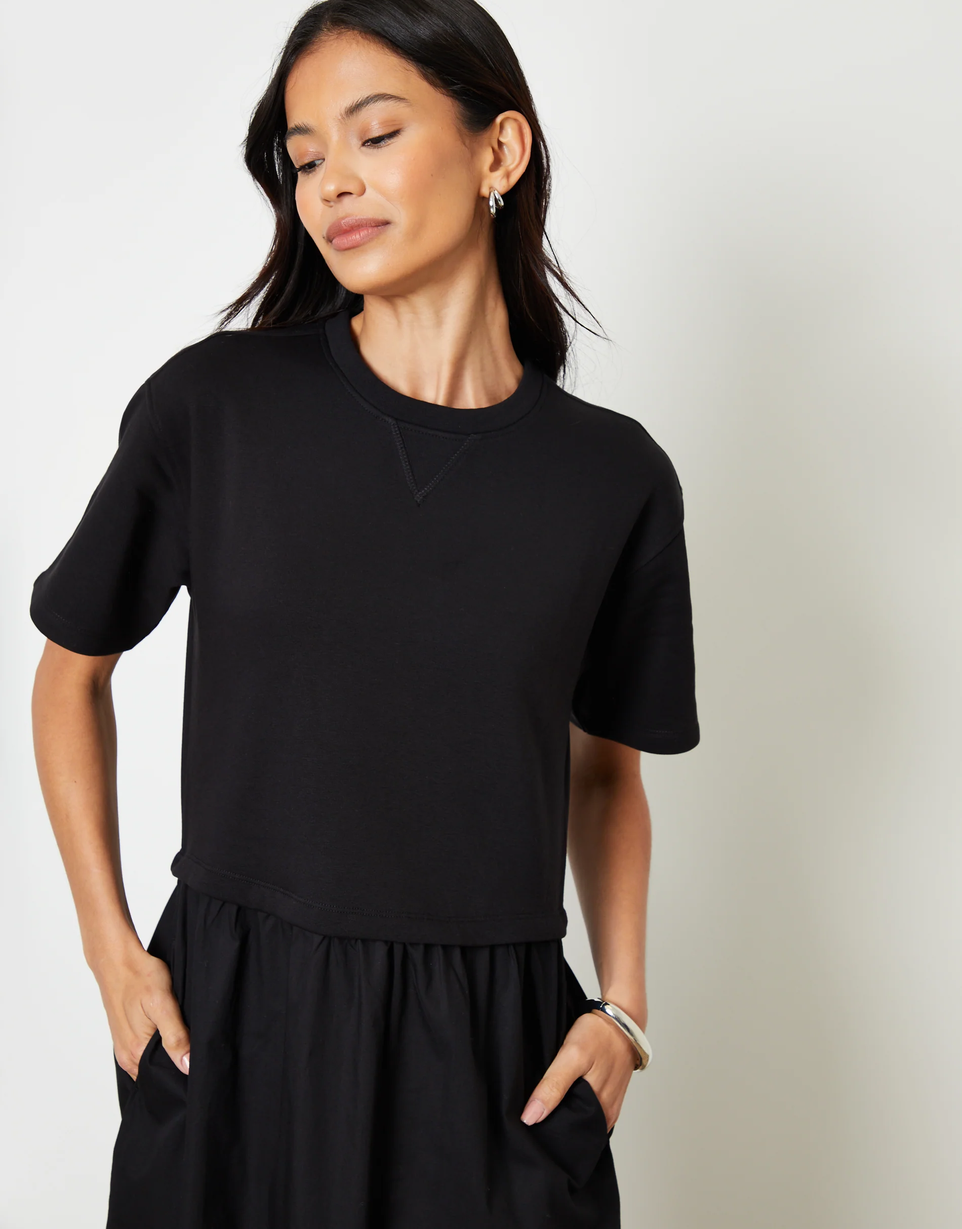 2-in-1 Sweat Dress with Poplin Skirt in Black - Image 2
