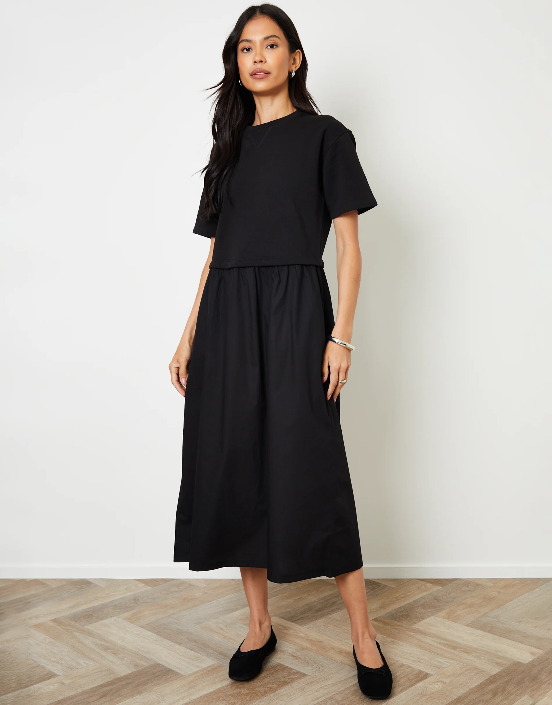 2-in-1 Sweat Dress with Poplin Skirt in Black - Image 3
