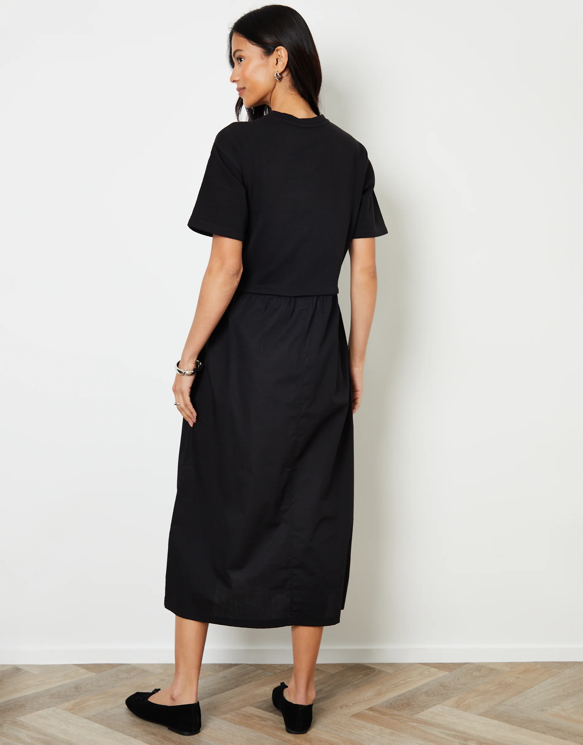 2-in-1 Sweat Dress with Poplin Skirt in Black - Image 4