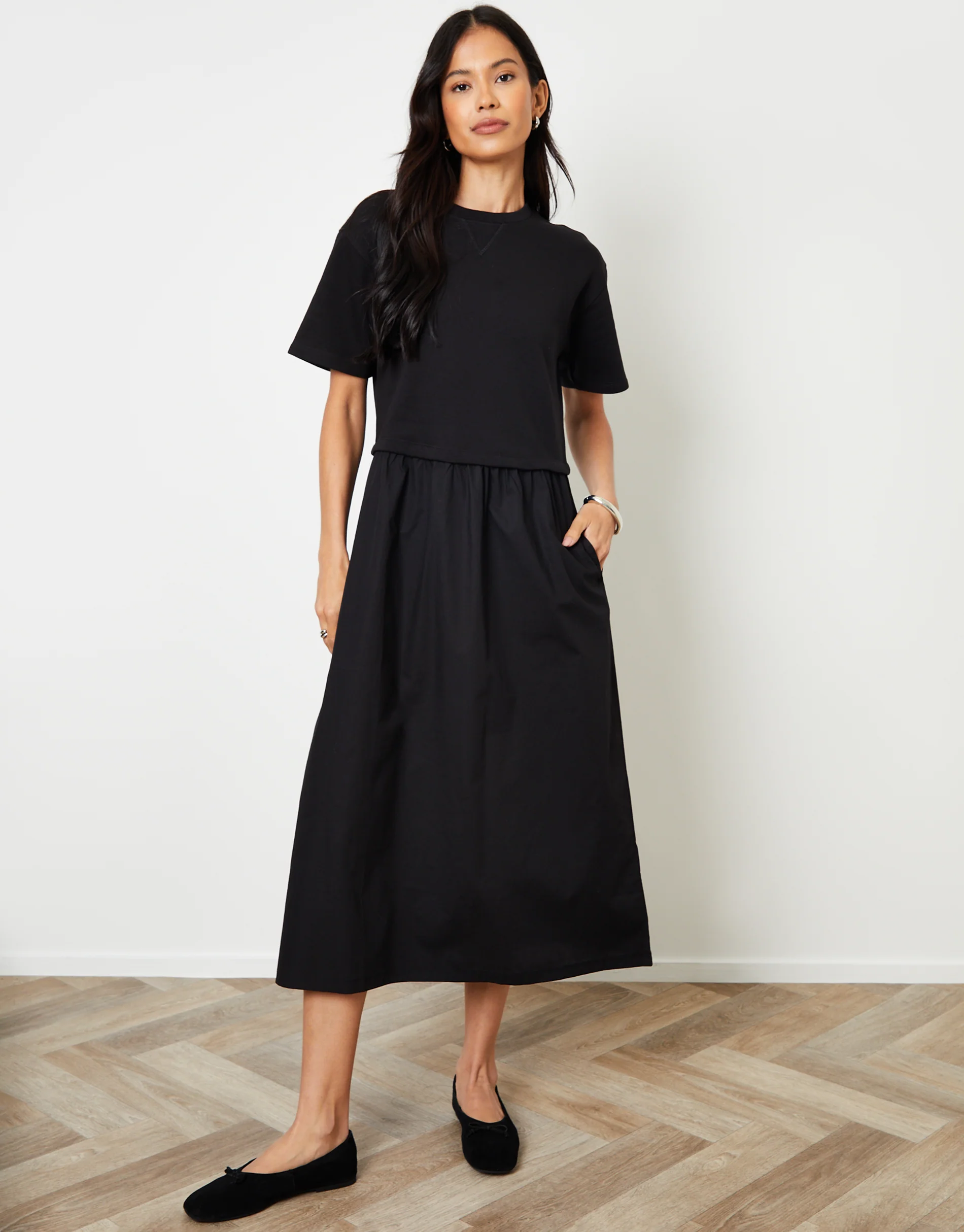 2-in-1 Sweat Dress with Poplin Skirt in Black - Image 5