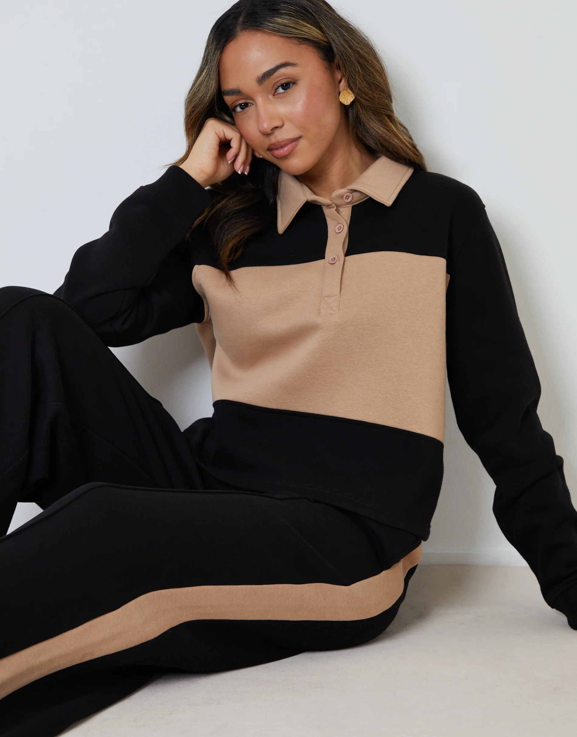 Boxy Long Sleeve Polo Sweatshirt & Joggers Set in Black Stripe