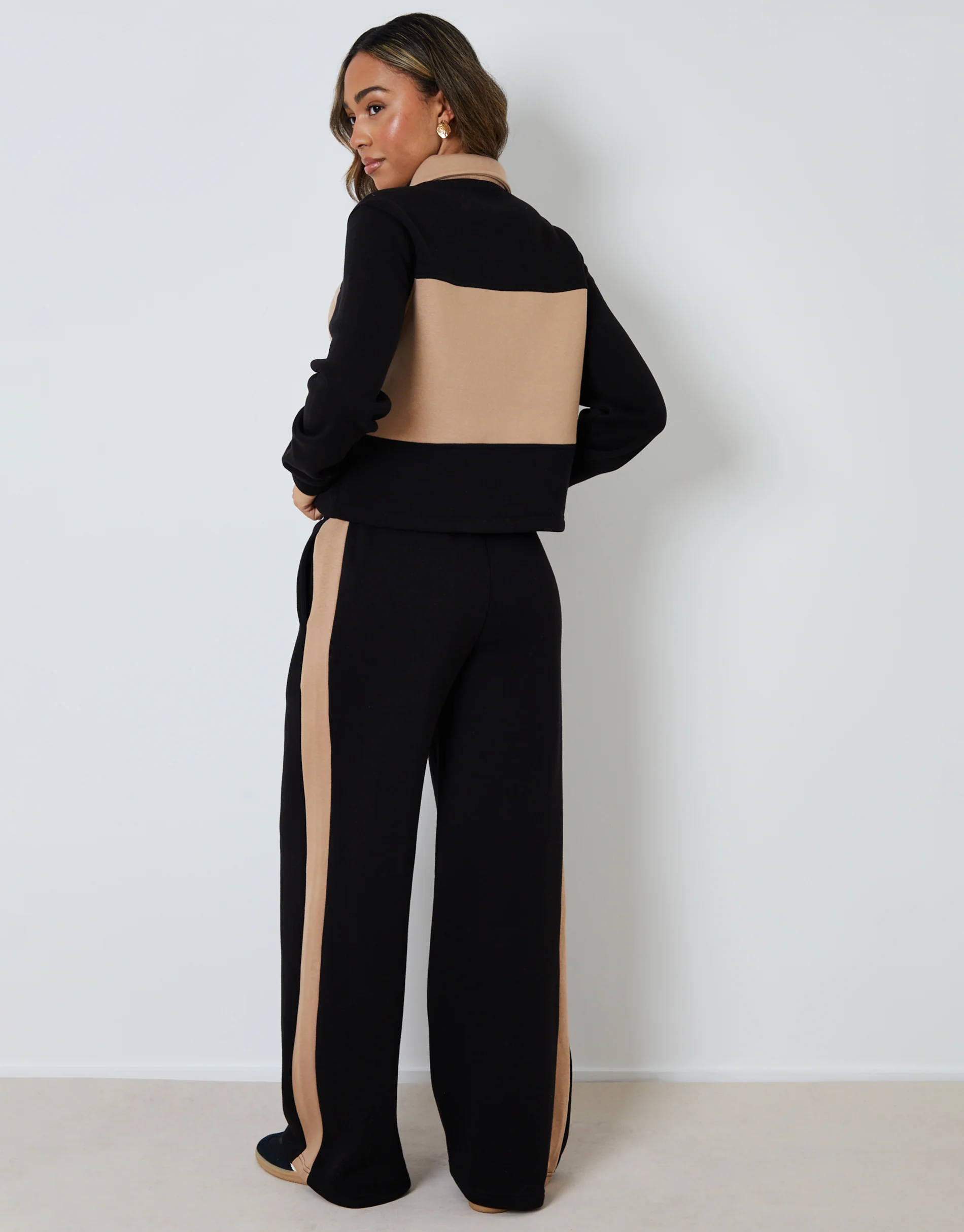 Boxy Long Sleeve Polo Sweatshirt & Joggers Set in Black Stripe - Image 2