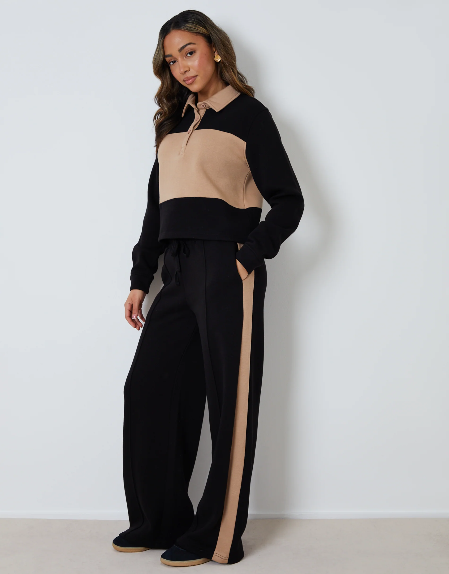 Boxy Long Sleeve Polo Sweatshirt & Joggers Set in Black Stripe - Image 4