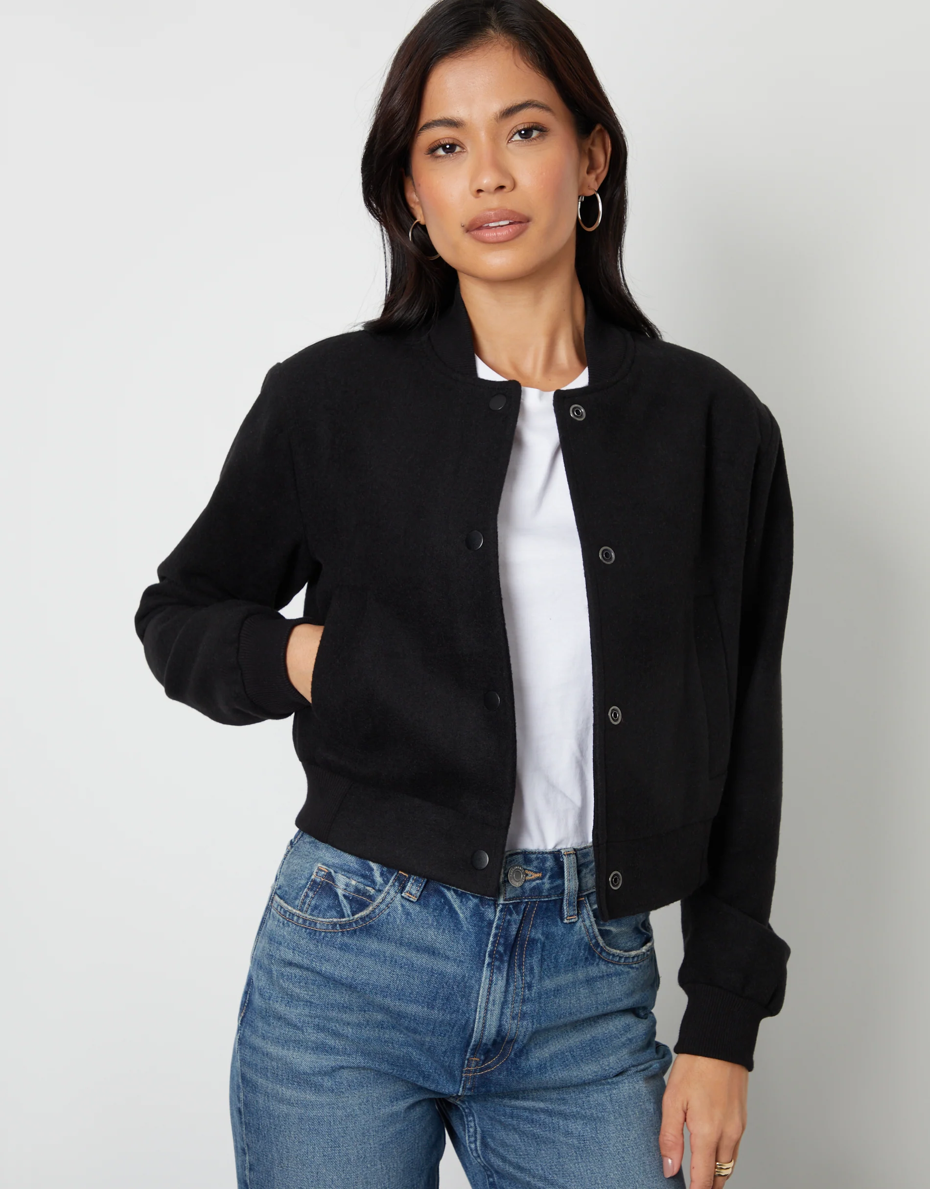 Brushed Cropped Bomber Jacket in Black - Image 3
