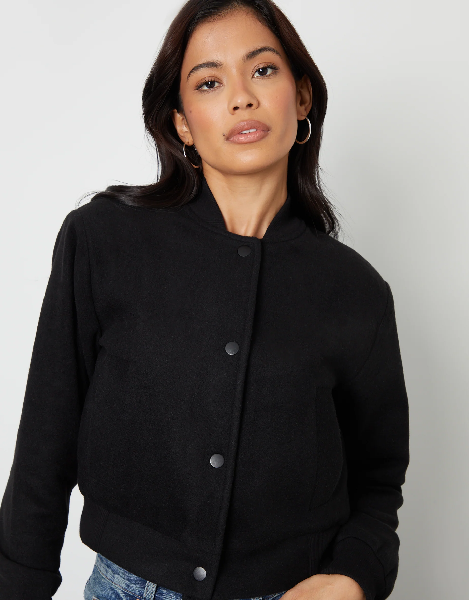 Brushed Cropped Bomber Jacket in Black - Image 4