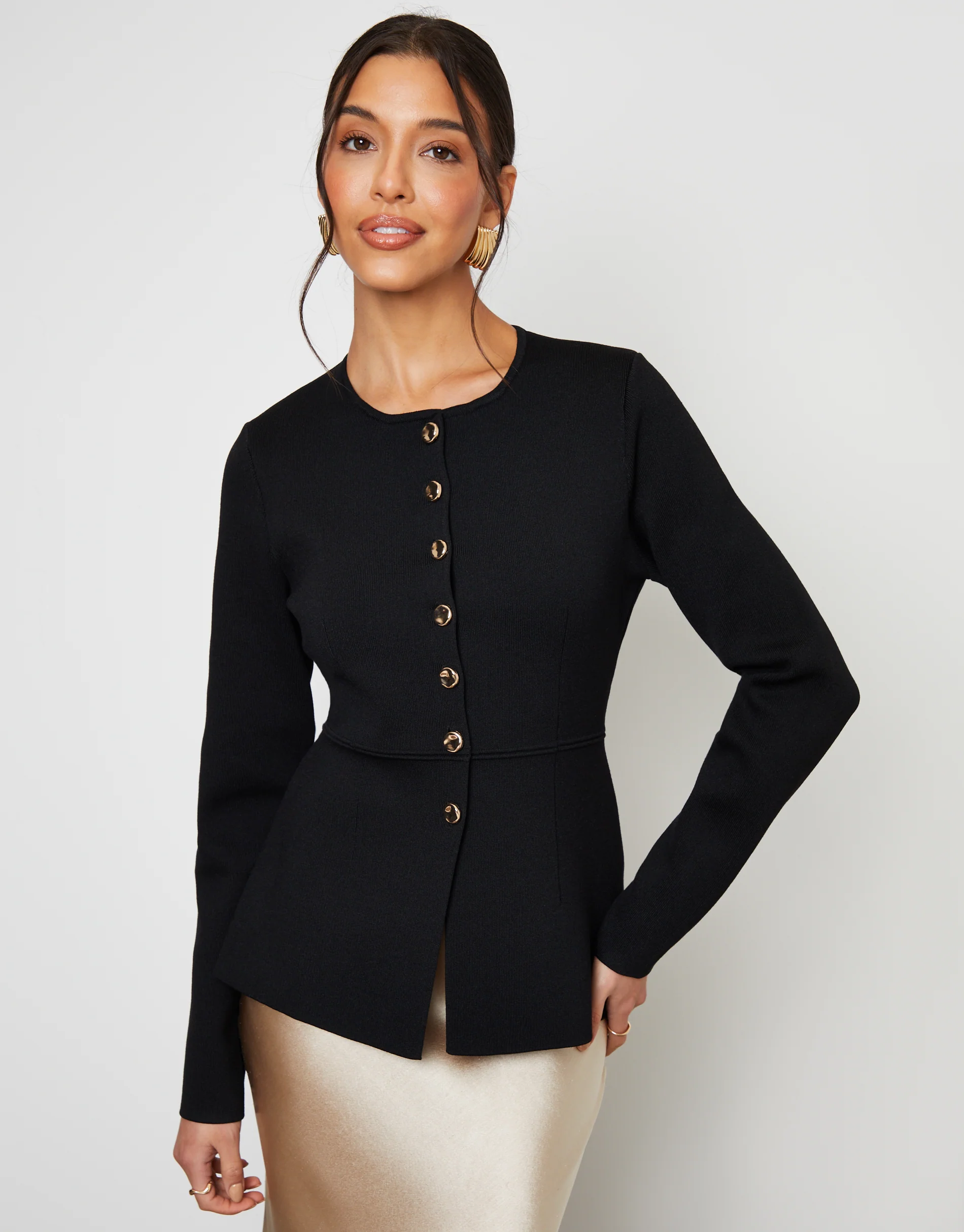 Cinched Knitted Button Up Cardigan in Black - Image 4