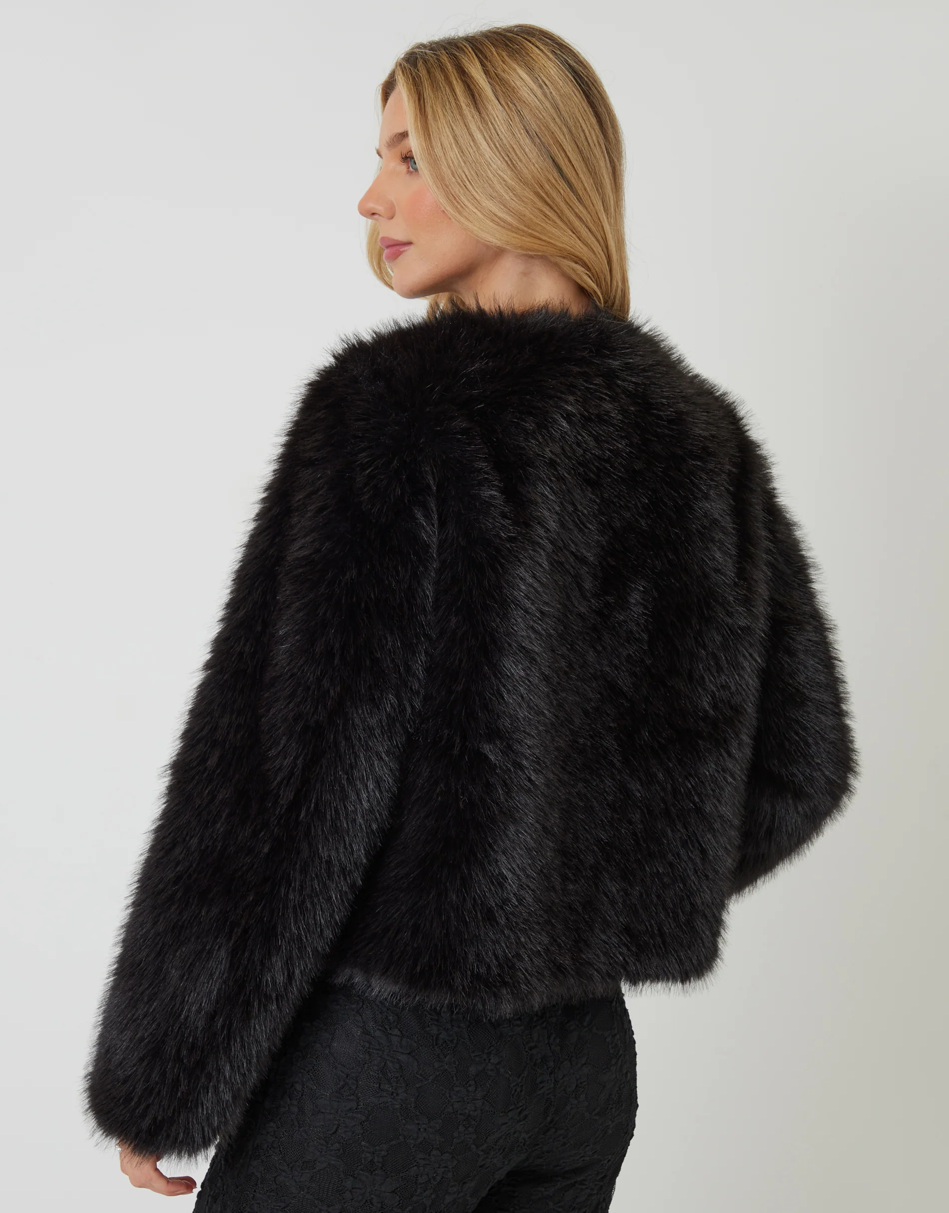 Collarless Faux Fur Coat in Black - Image 2