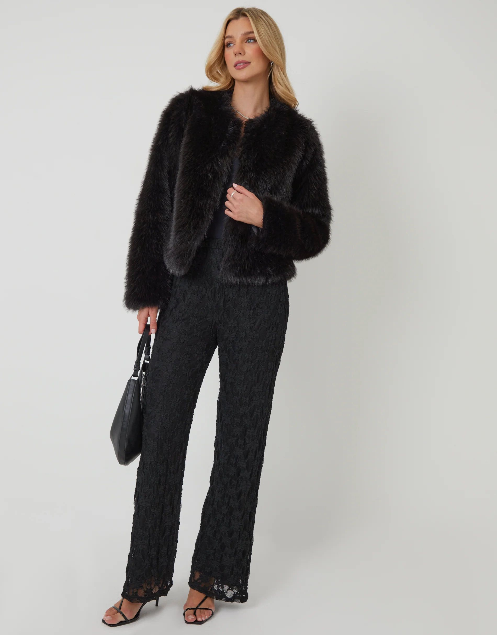 Collarless Faux Fur Coat in Black - Image 3