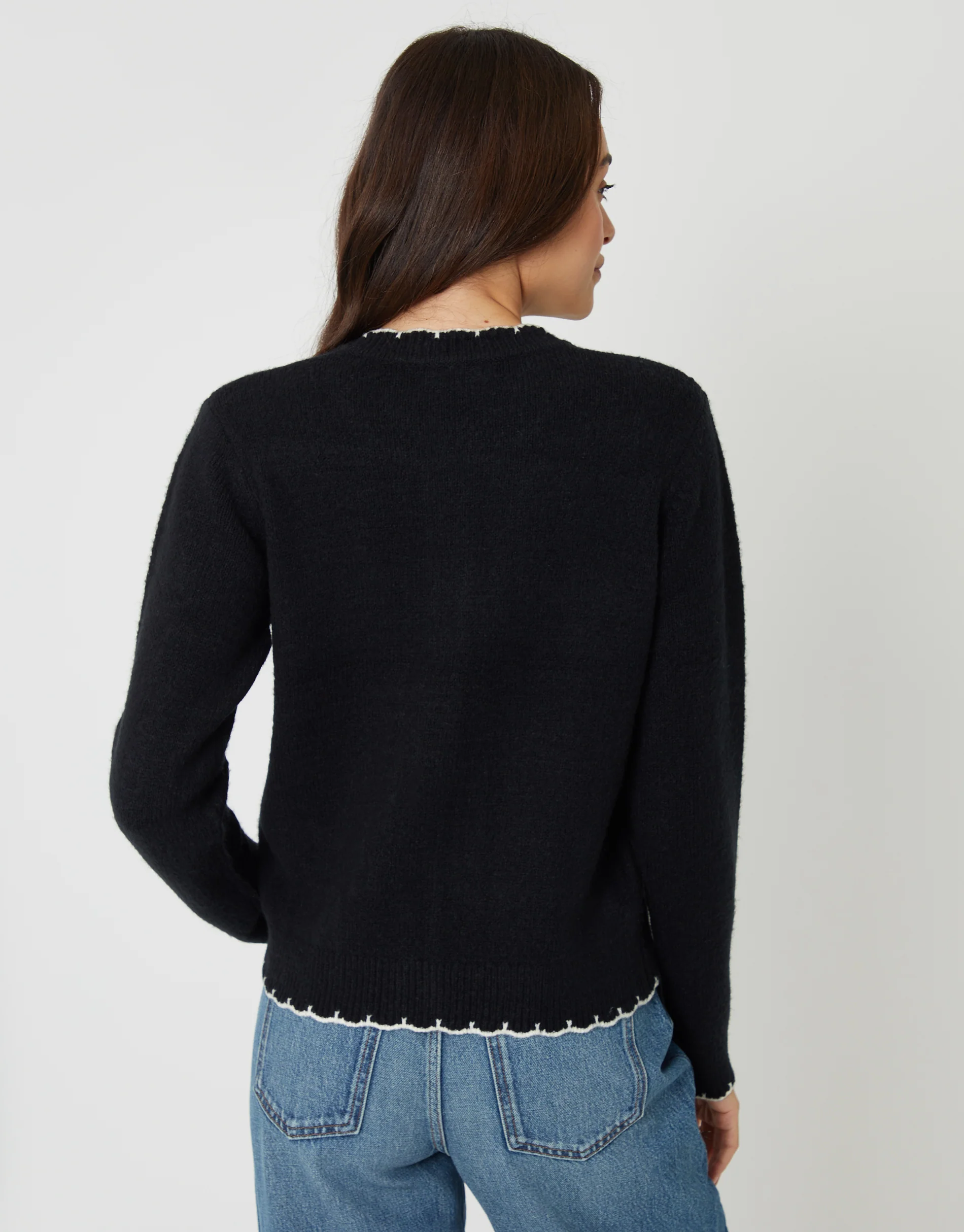Crew Neck Scallop Trim Cardigan in Black - Image 4