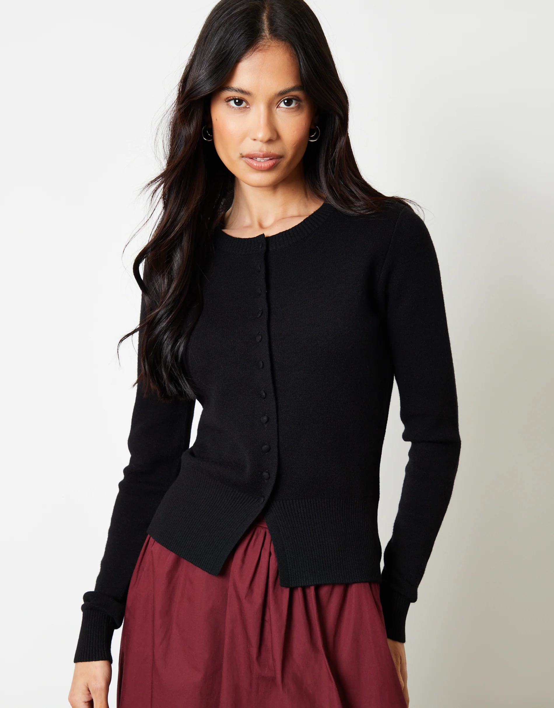 Crew Neck Compact Knitted Cardigan in Black