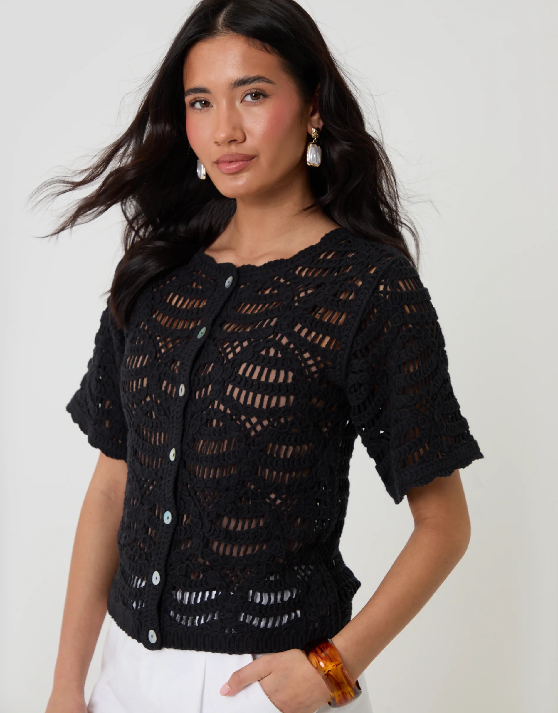 Crochet Button Up Top in Black - Image 4