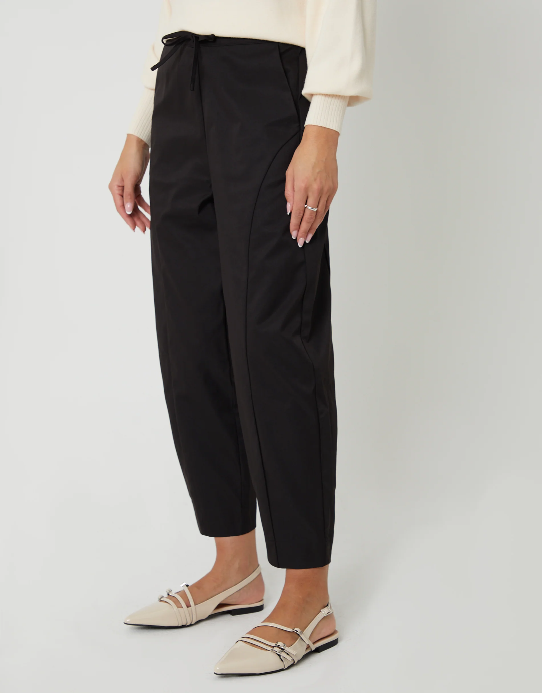 Curved Seam Barrel Leg Trousers in Black - Image 2