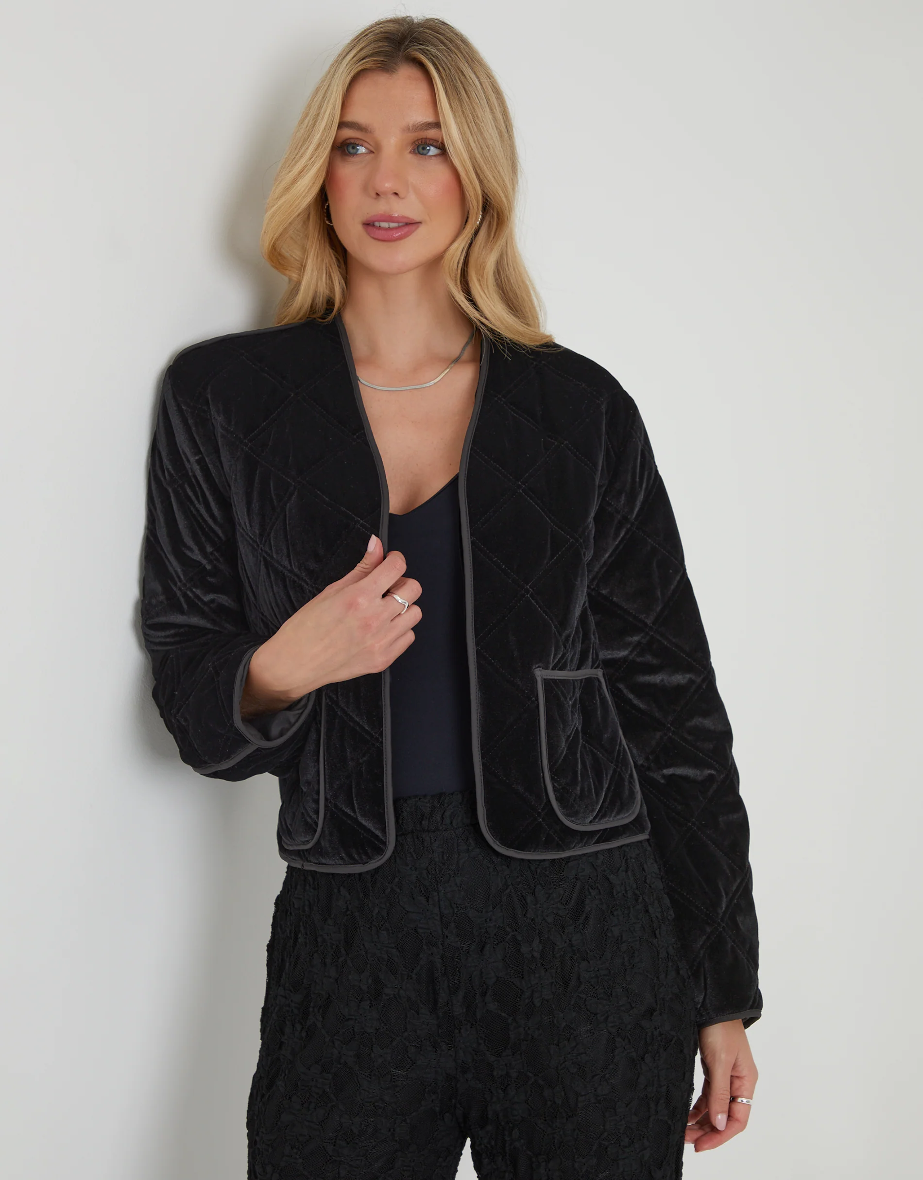 Diamond Quilted Velvet Jacket in Black - Image 2