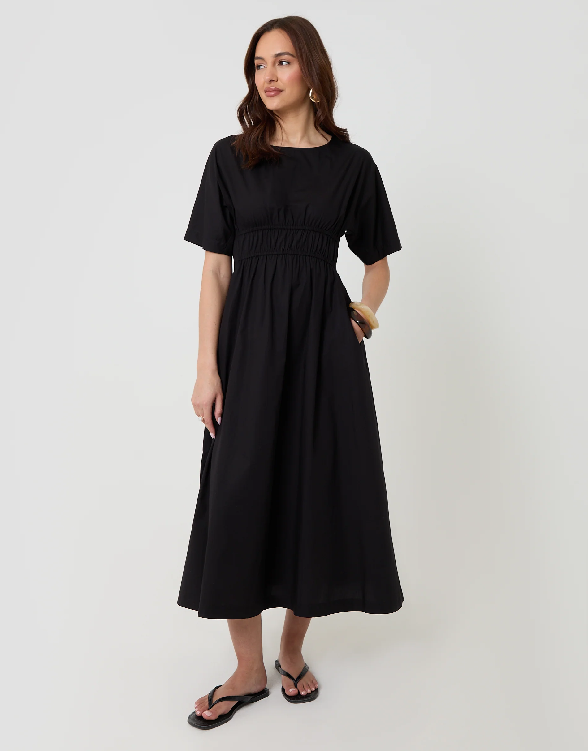 Elasticated Waist Cotton Poplin Midi Dress in Black