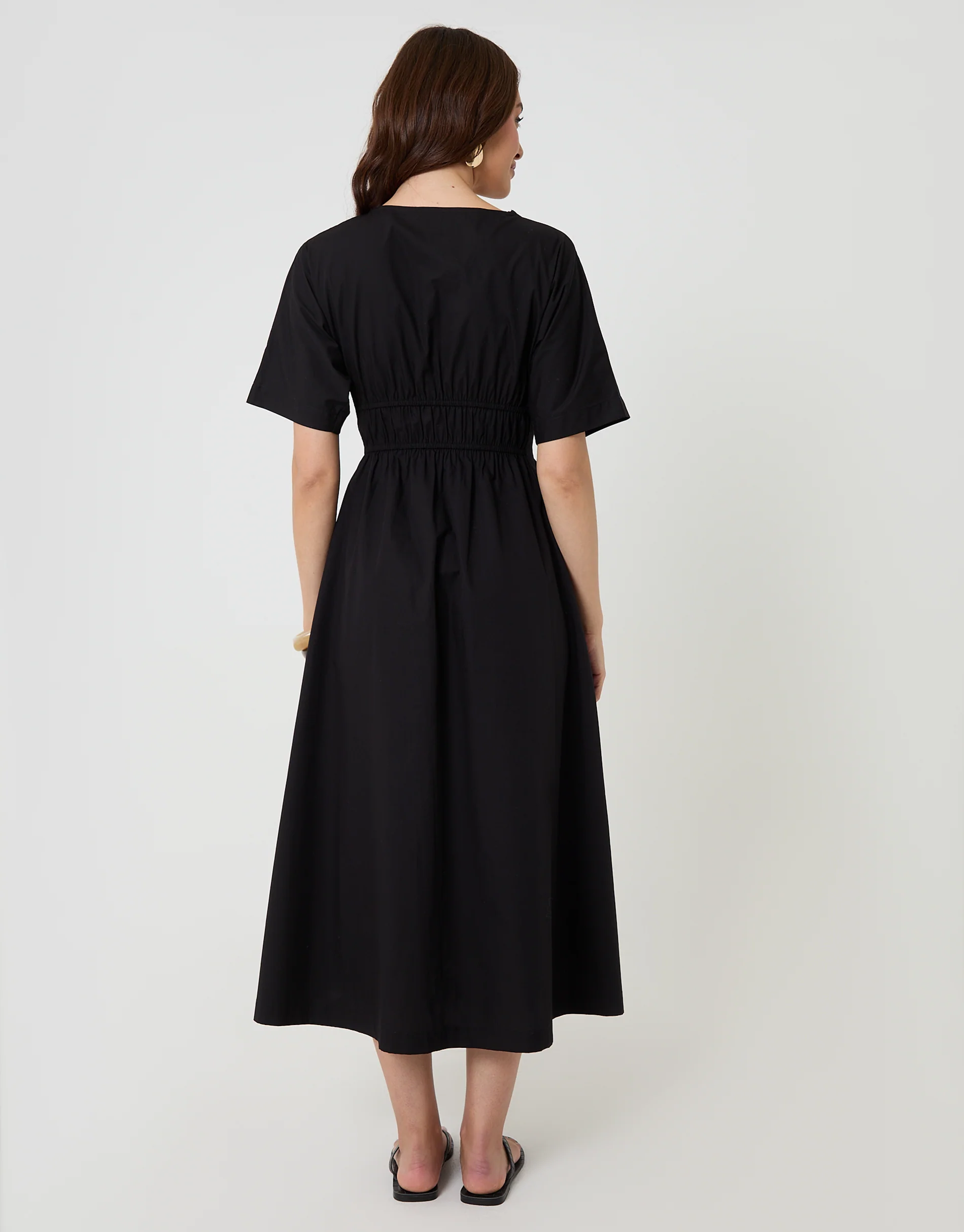 Elasticated Waist Cotton Poplin Midi Dress in Black - Image 2
