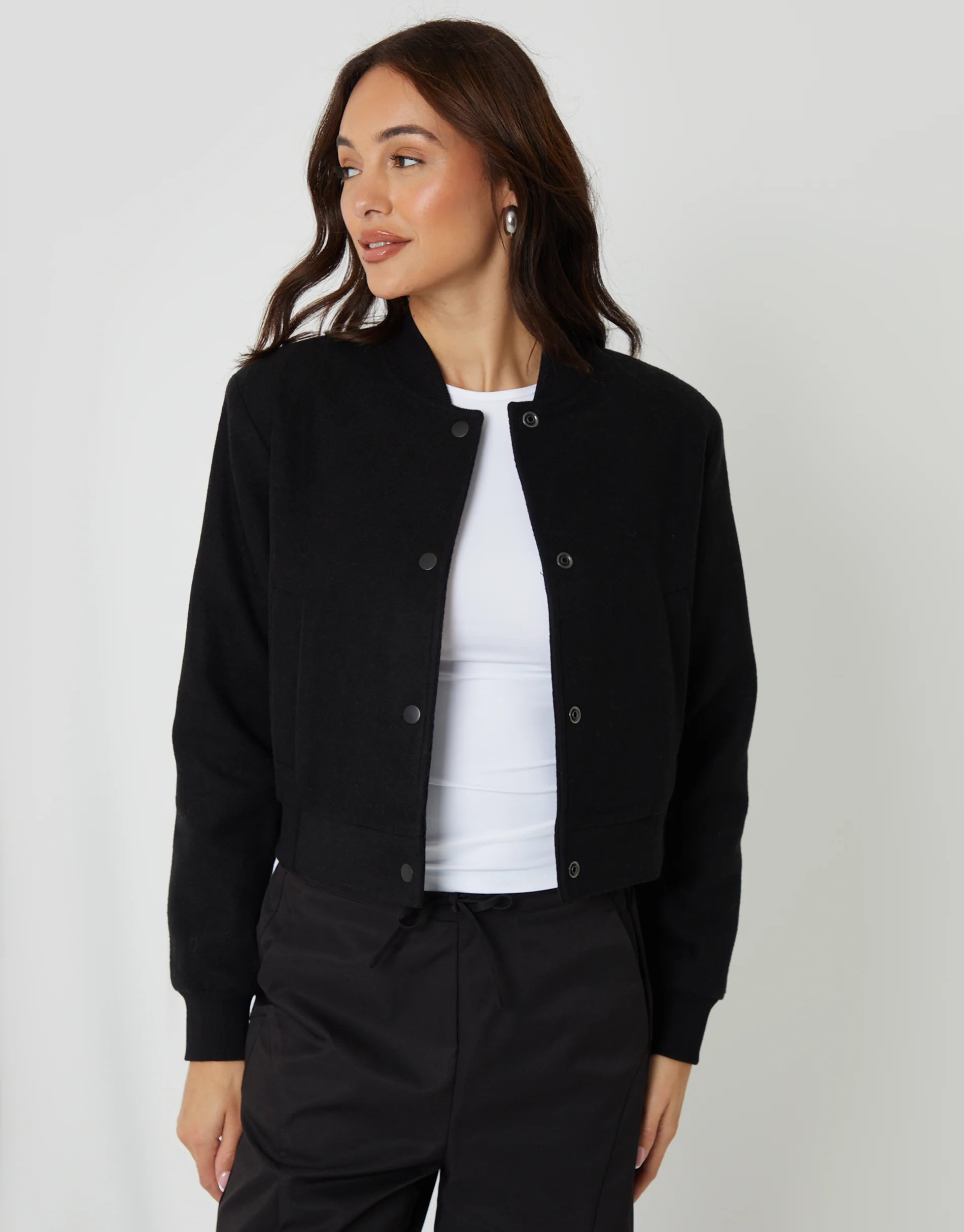 Faux Wool Bomber Jacket in Black