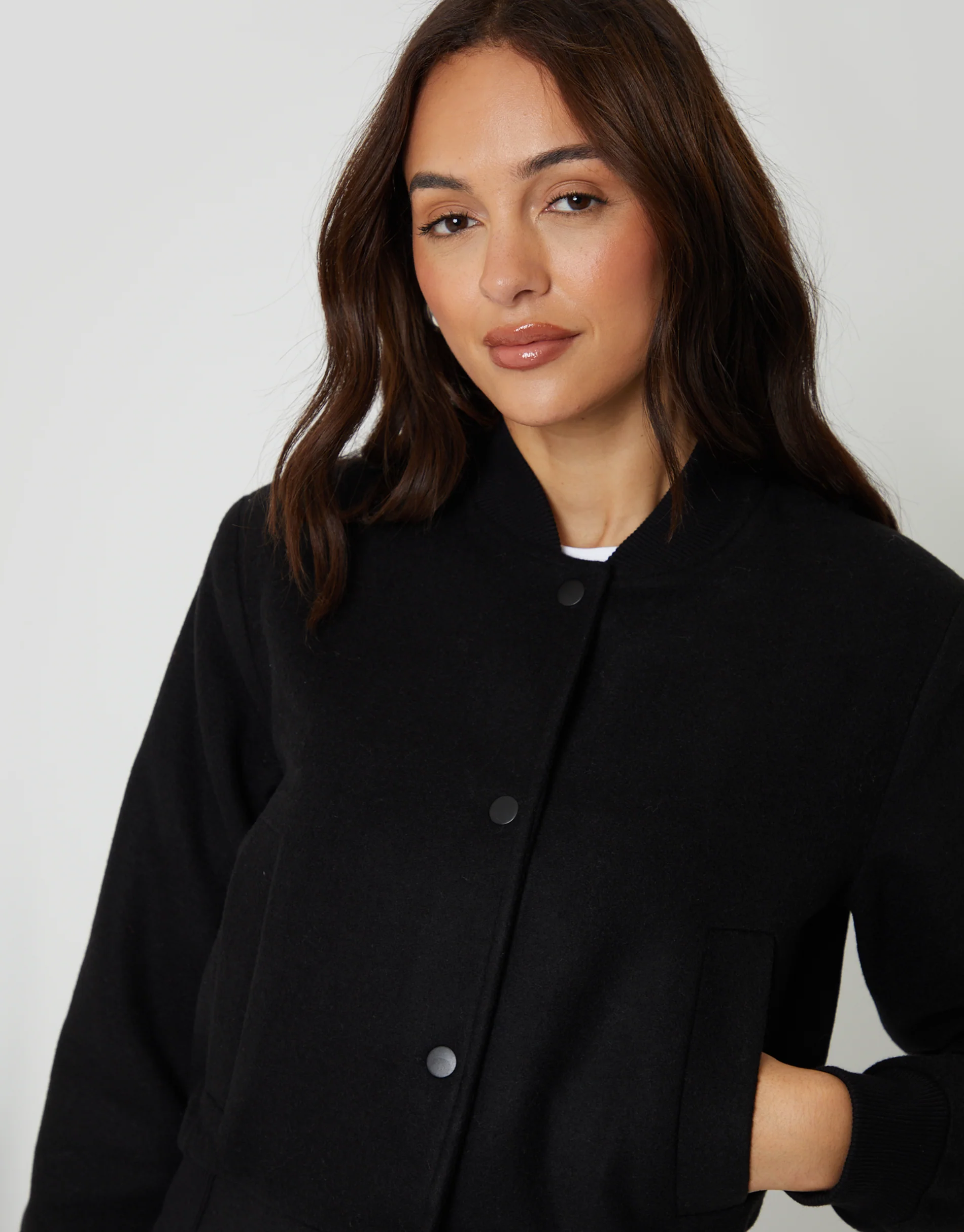 Faux Wool Bomber Jacket in Black - Image 4