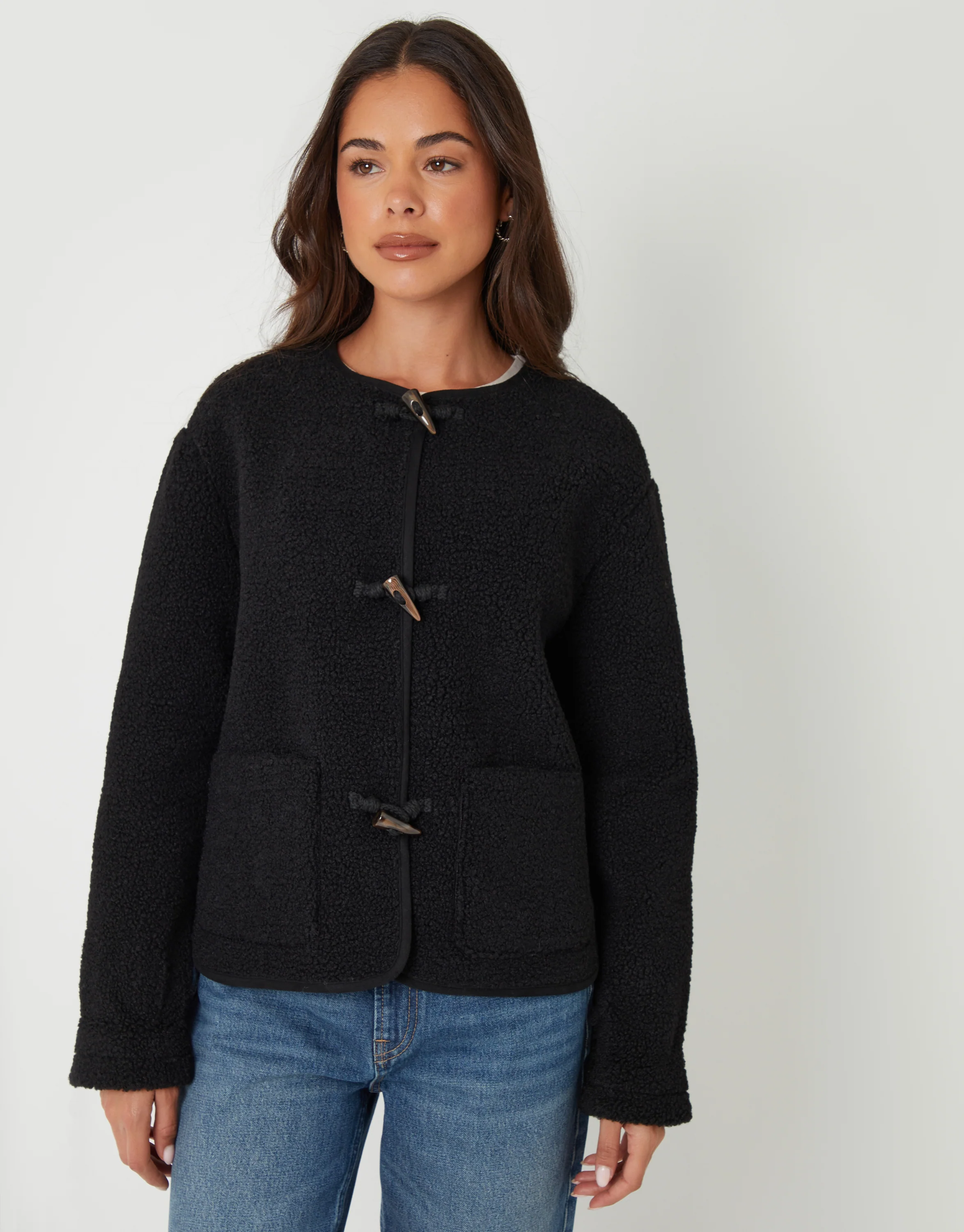 Fleece Borg Toggle Jacket in Black - Image 4