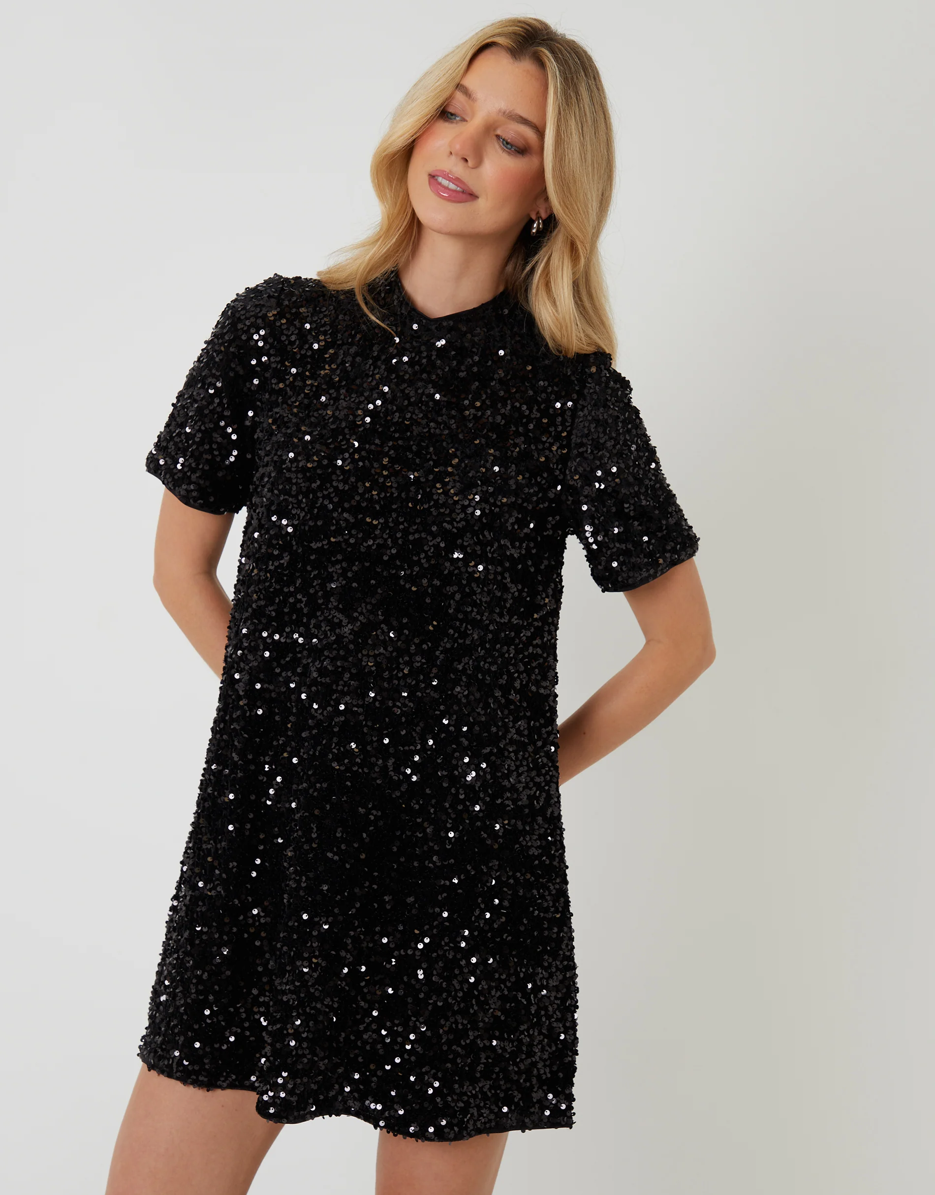 High Neck Sequin Velour Mini Dress in Black - Image 2