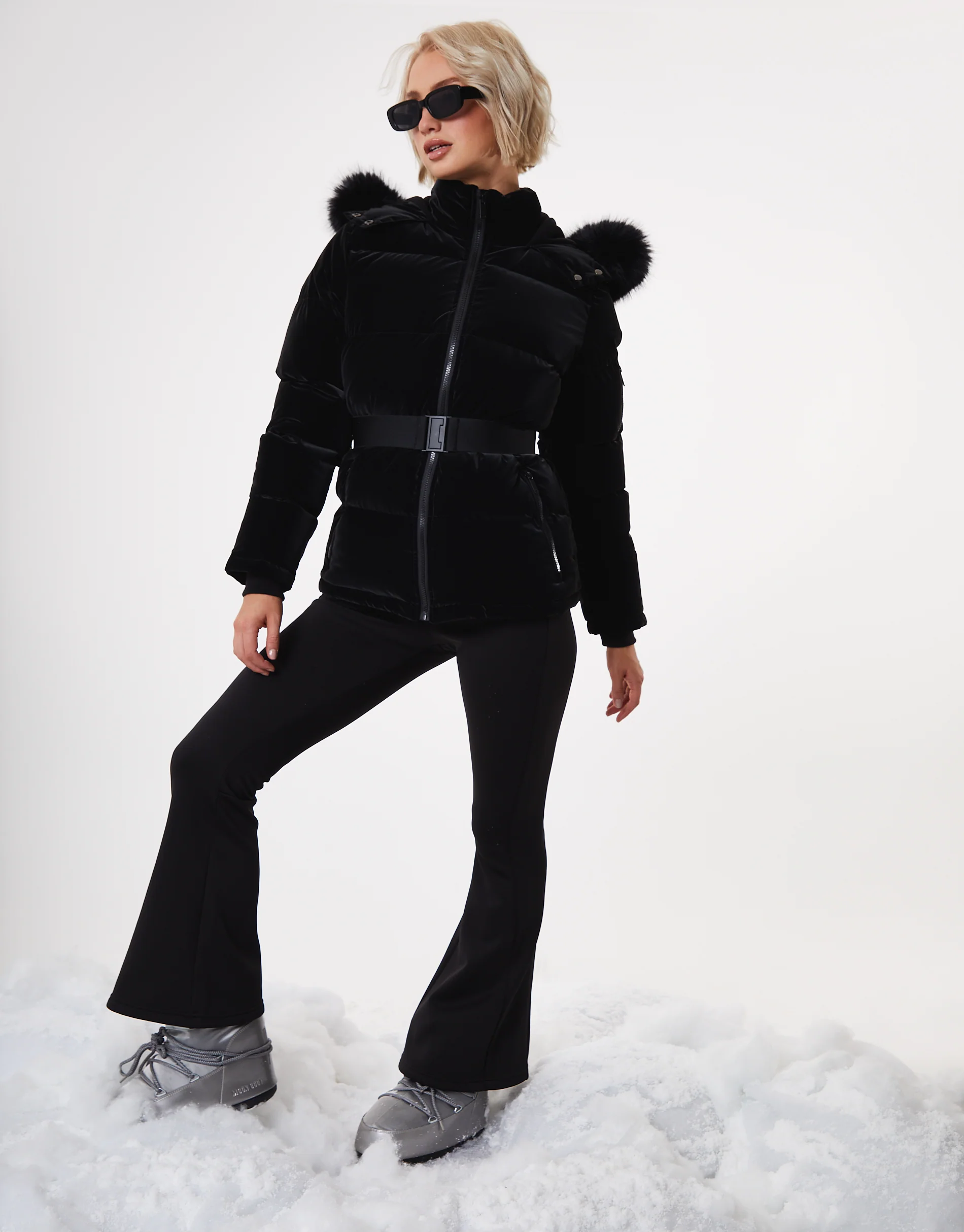 High Shine Belted Parka Ski Jacket in Black