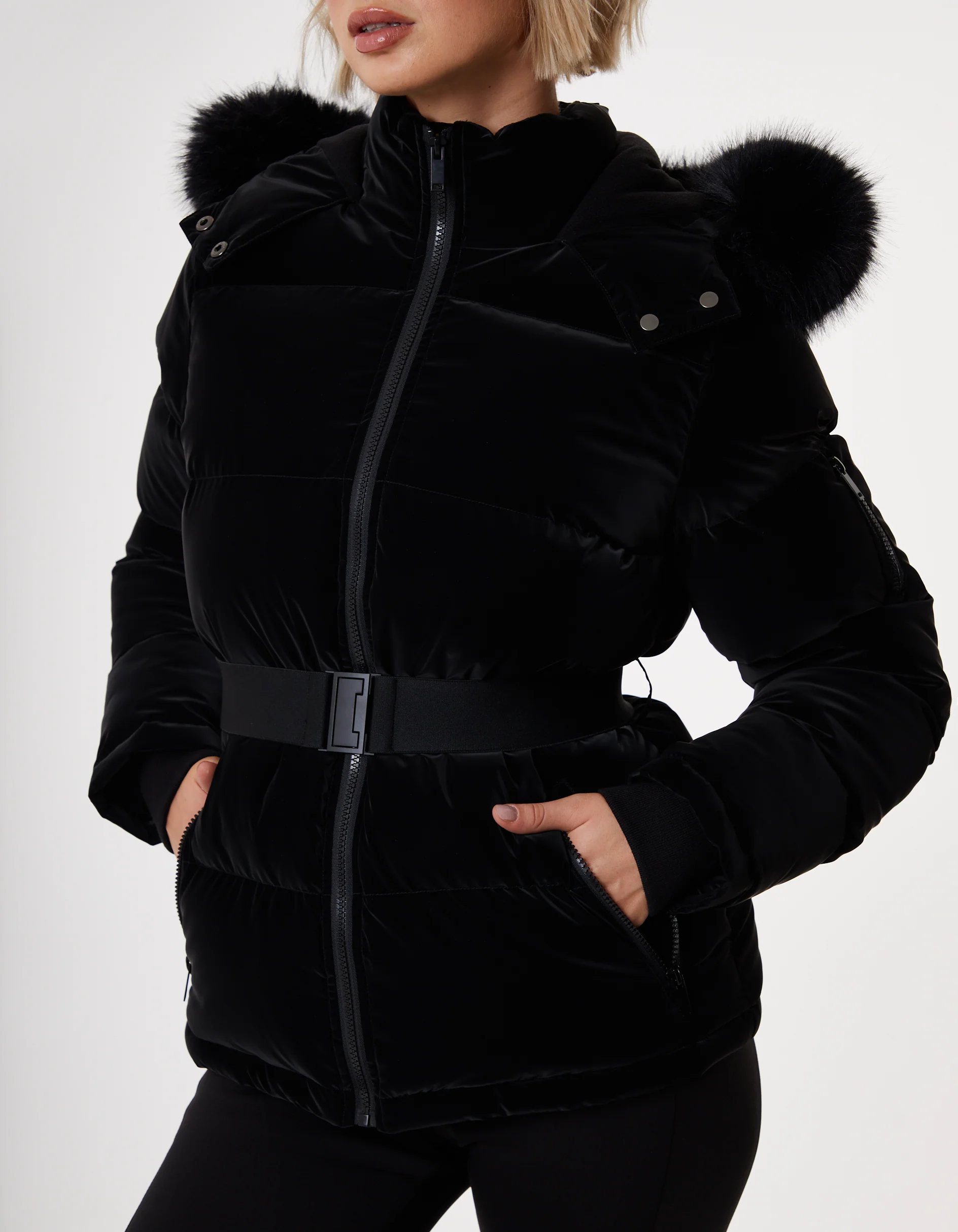 High Shine Belted Parka Ski Jacket in Black - Image 3