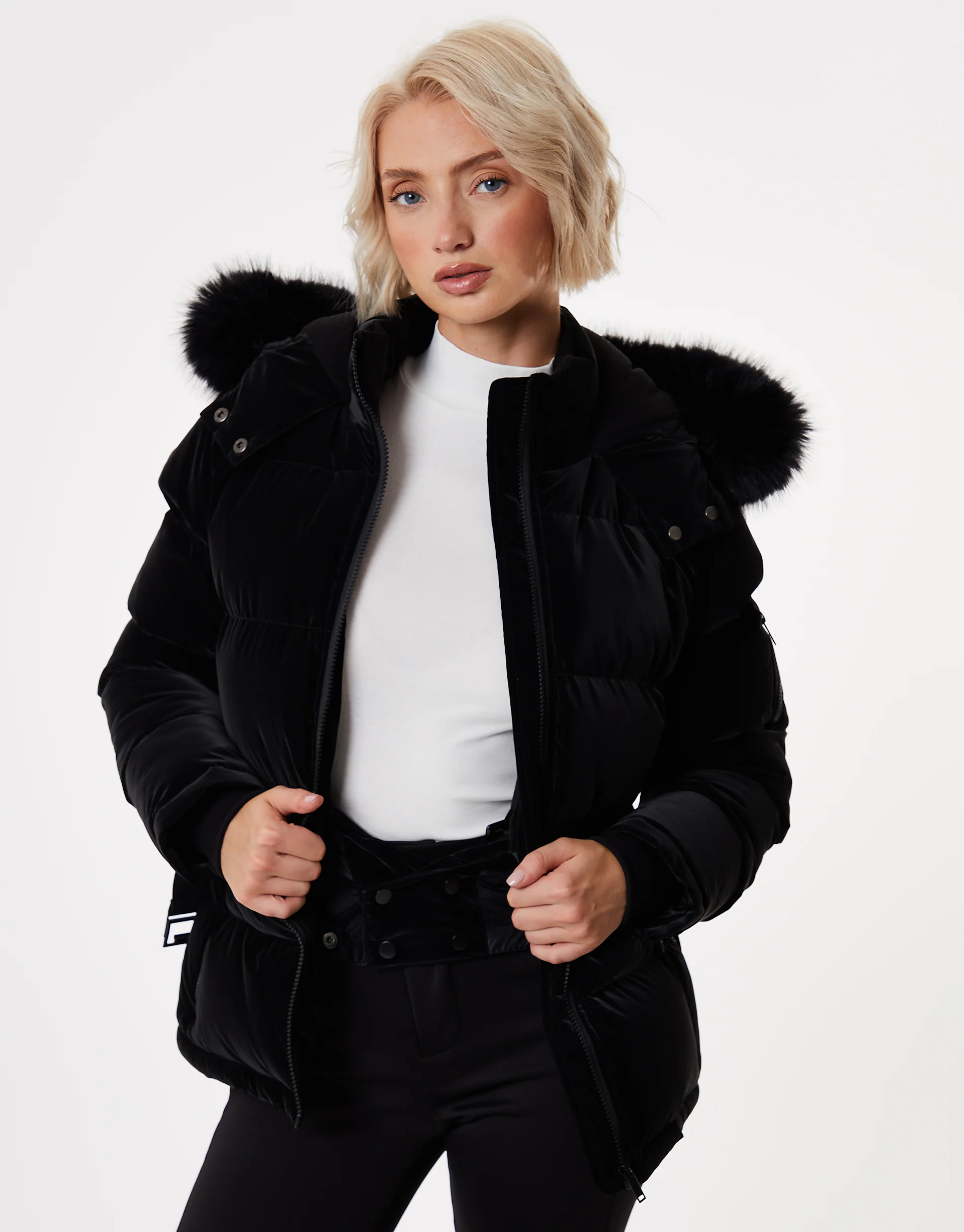 High Shine Belted Parka Ski Jacket in Black - Image 4