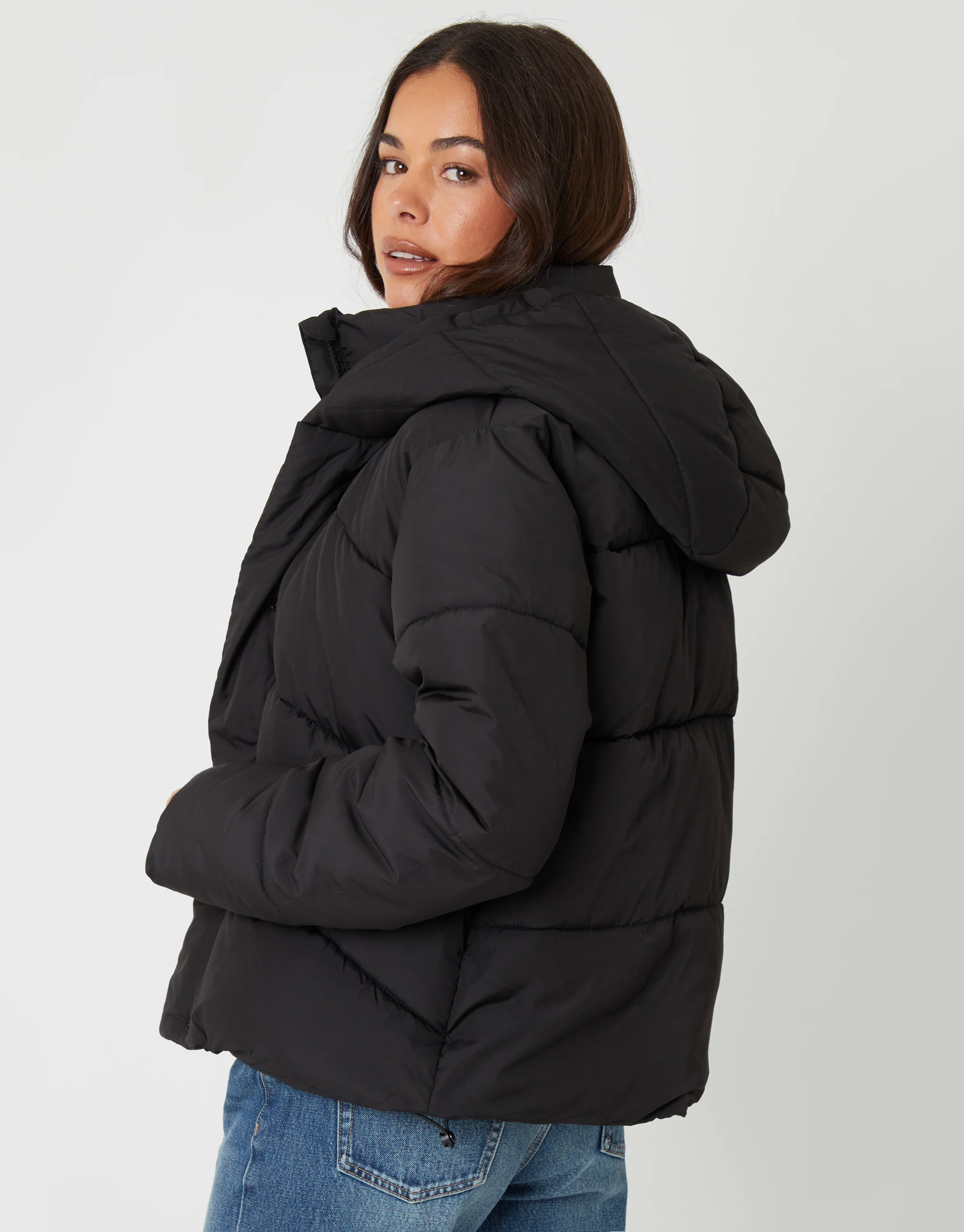 Hooded Double Collar Puffer Jacket in Black - Image 2