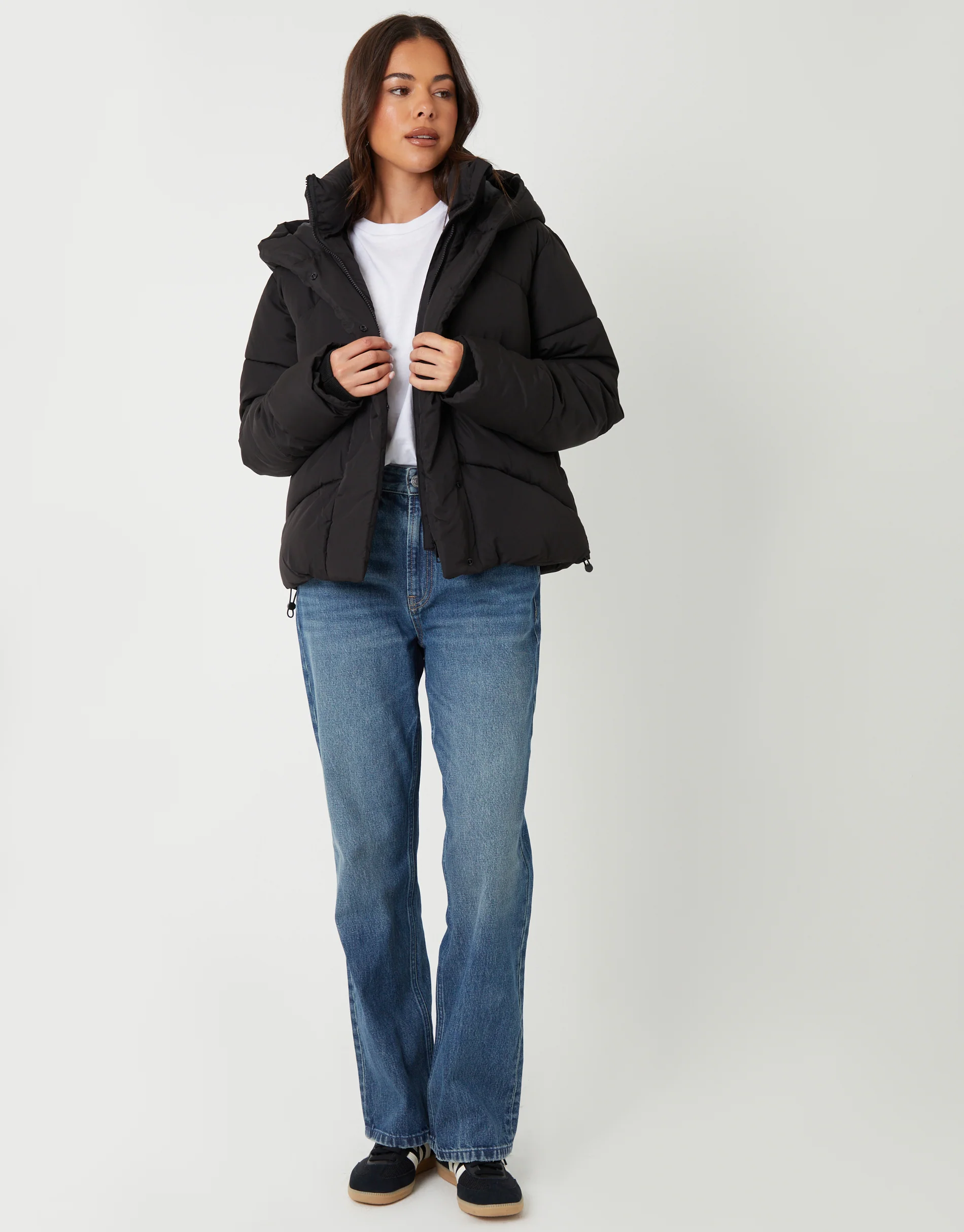 Hooded Double Collar Puffer Jacket in Black - Image 3