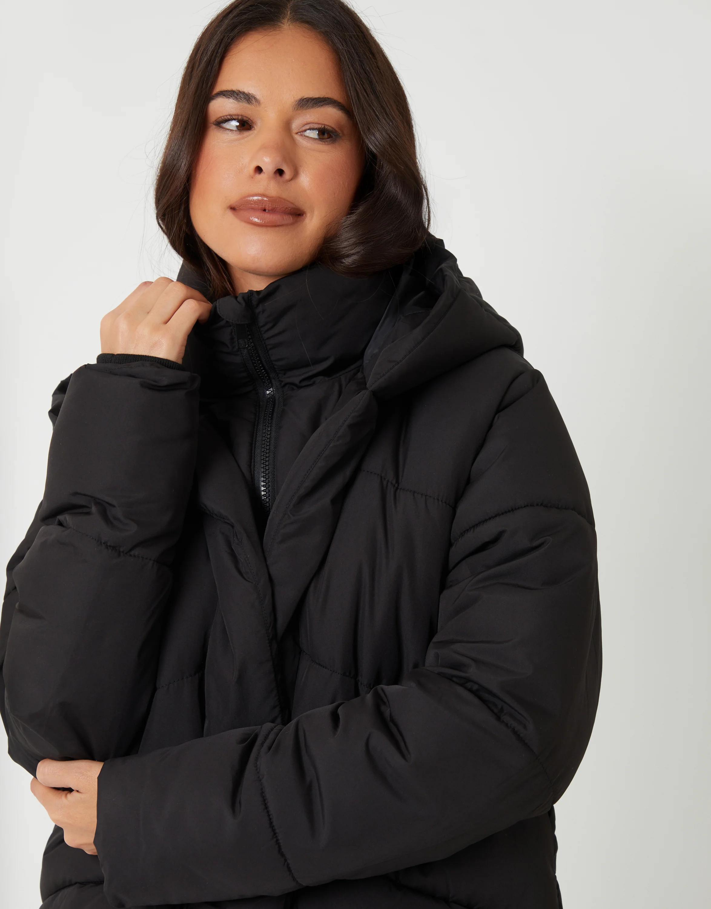 Hooded Double Collar Puffer Jacket in Black - Image 4