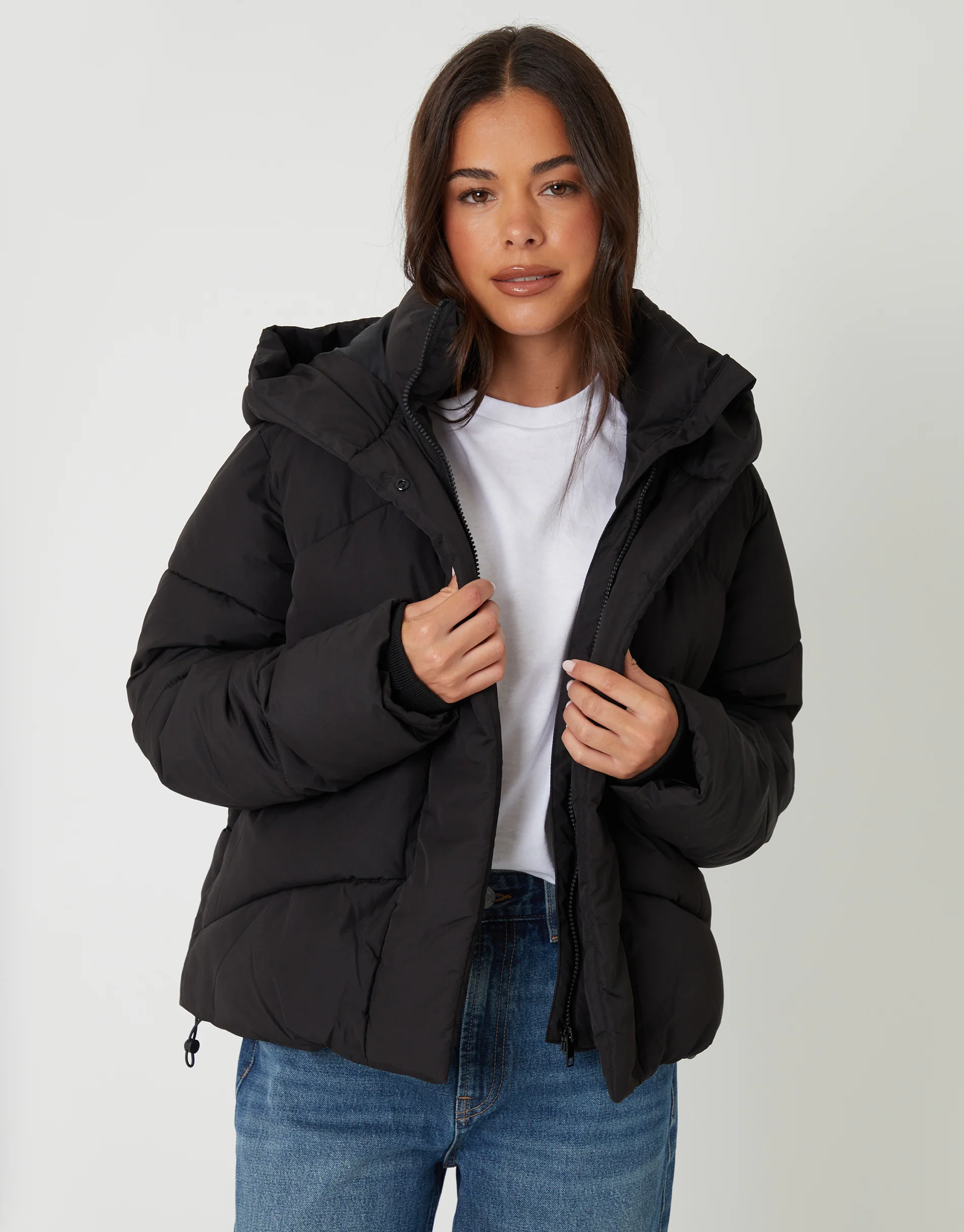 Hooded Double Collar Puffer Jacket in Black - Image 5
