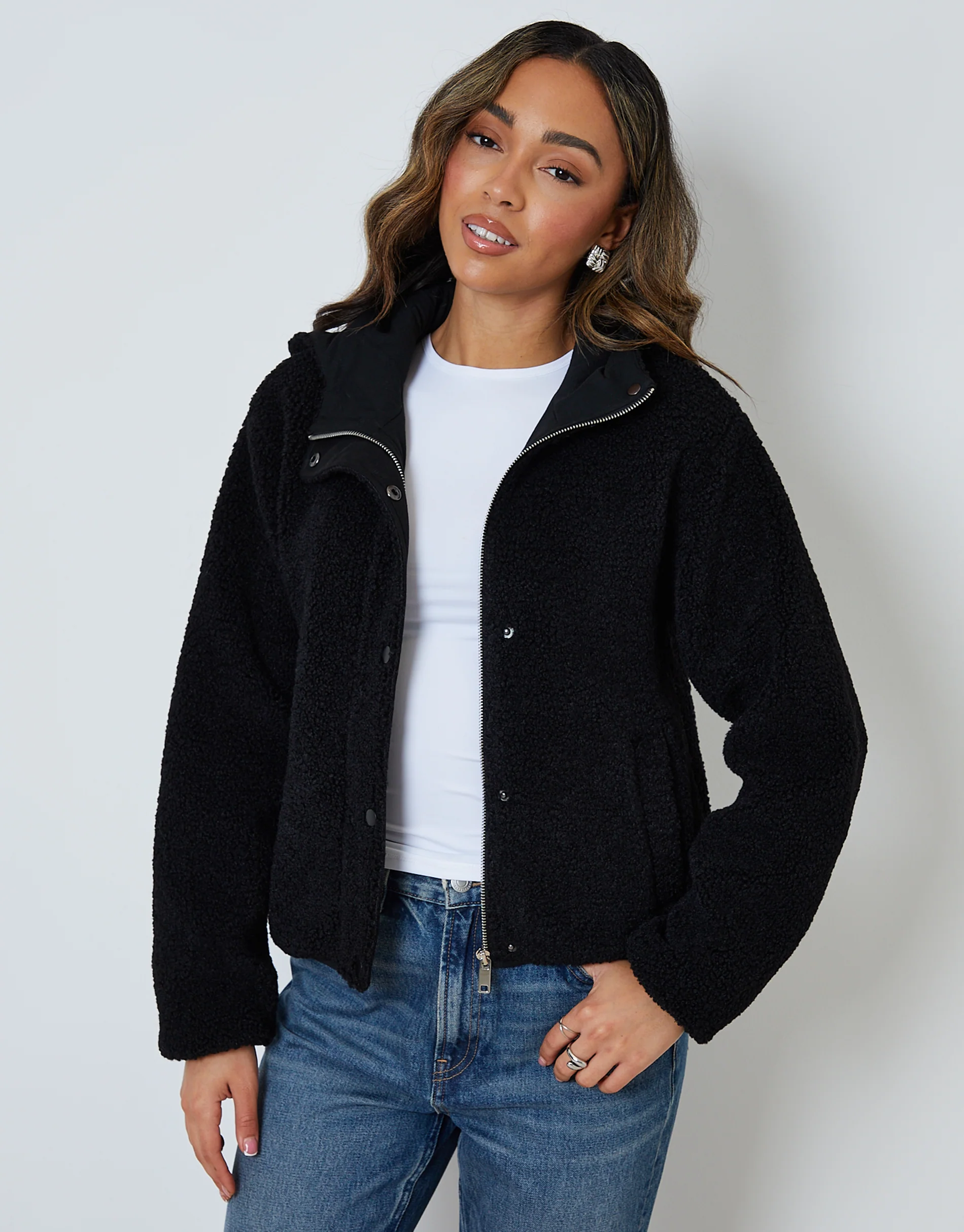 Hooded Snap Borg Fleece Bomber in Black